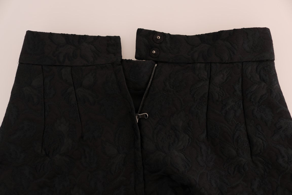 Elegant Black Floral Jacquard A-Line Skirt - ventzia