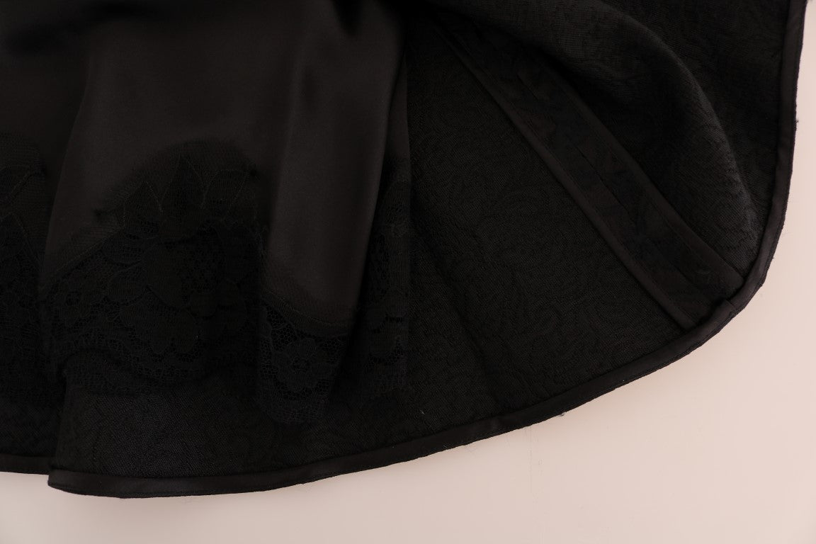 Elegant Black Floral Jacquard A-Line Skirt - ventzia