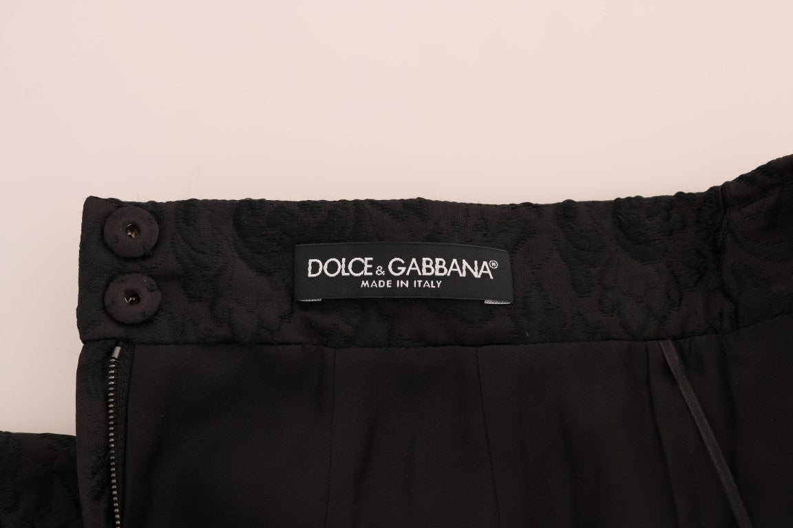 Elegant Black Floral Jacquard A-Line Skirt - ventzia