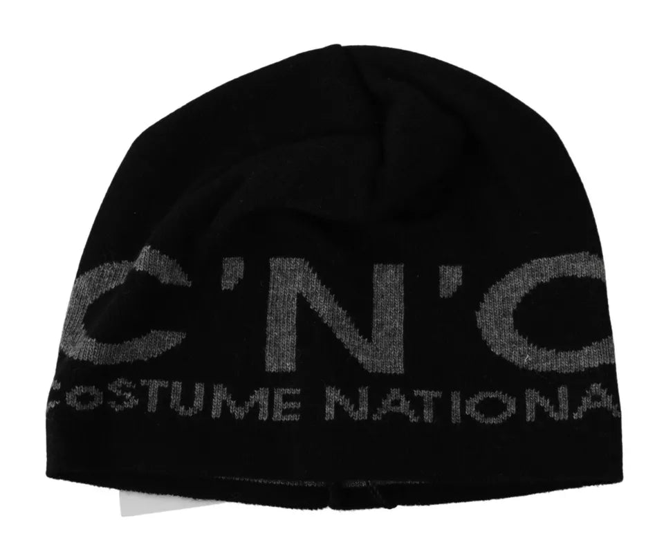Black Wool Blend Branded Beanie Hat - ventzia