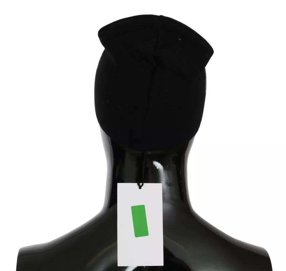 Black Wool Blend Branded Beanie Hat - ventzia