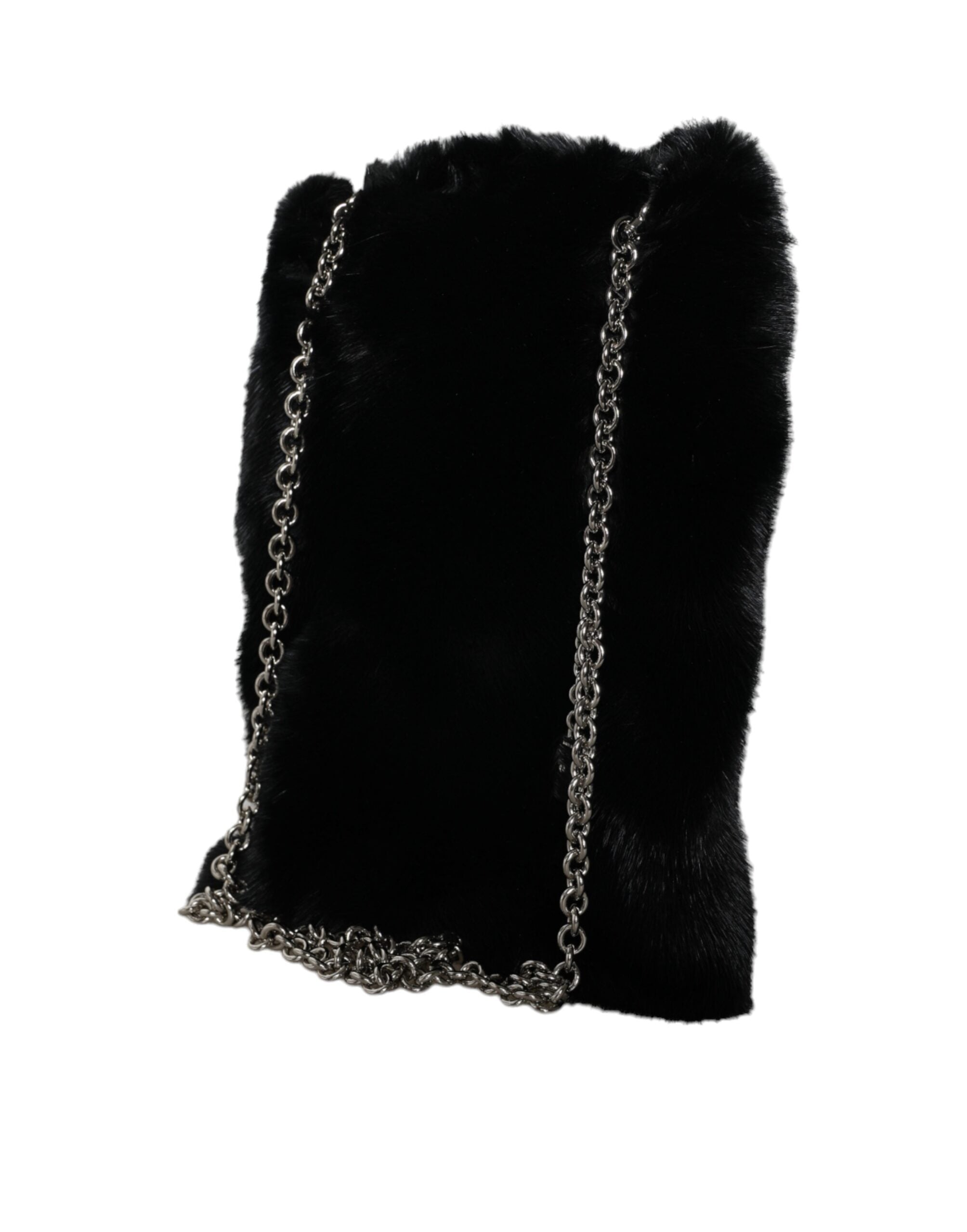 Black Faux Fur Silver Chain Crossbody Shoulder Purse Bag - ventzia