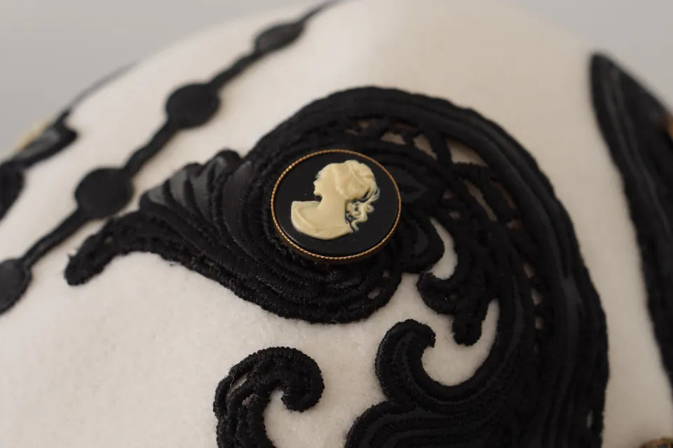 White Black Wool Embroidered Cameo Brooch Hat - ventzia