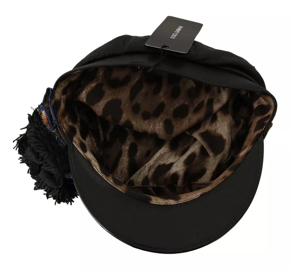 Black Leather Crystal Beads Gold Ribbon Fiddler Cap - ventzia