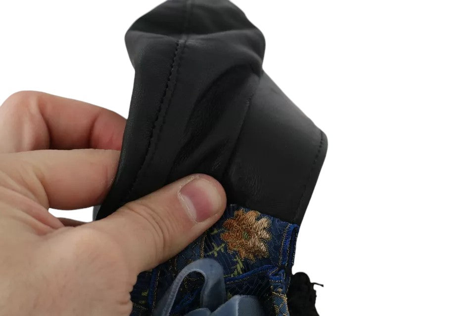 Black Leather Crystal Beads Gold Ribbon Fiddler Cap - ventzia