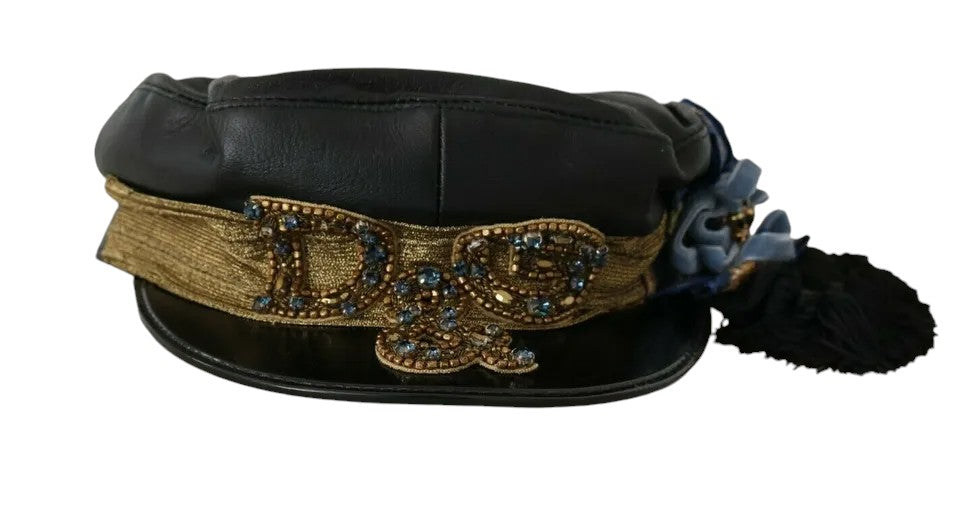 Black Leather Crystal Beads Gold Ribbon Fiddler Cap - ventzia