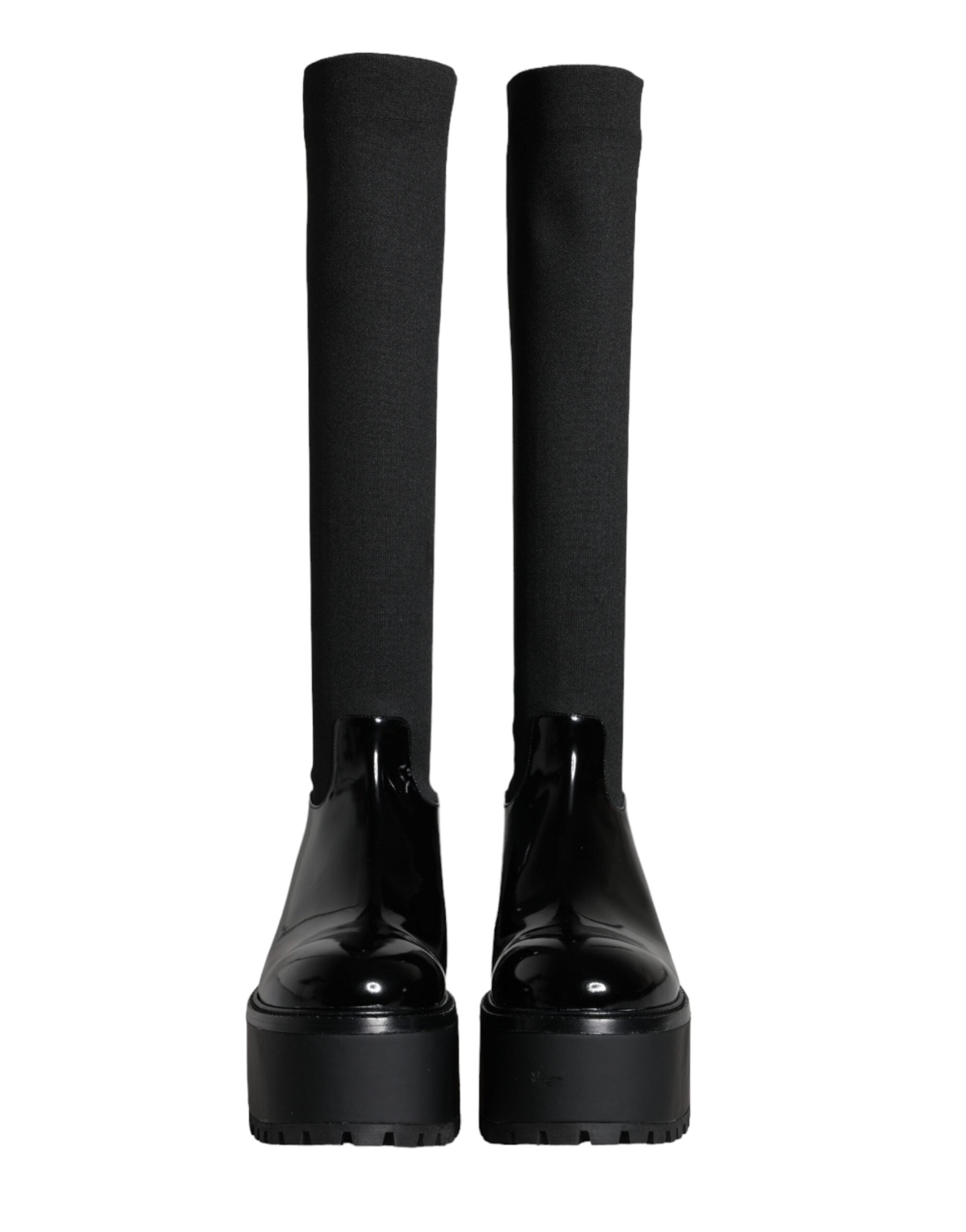 Black Leather Jersey Knee High Boots Shoes - ventzia