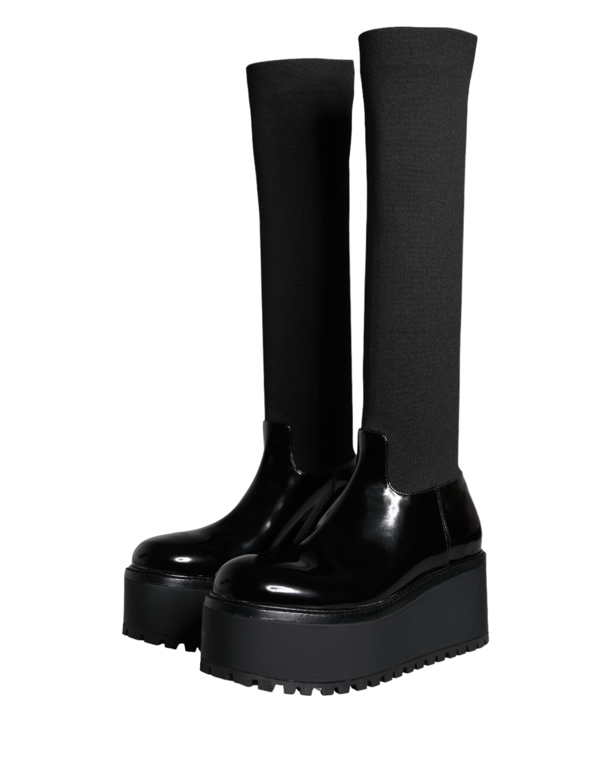 Black Leather Jersey Knee High Boots Shoes - ventzia