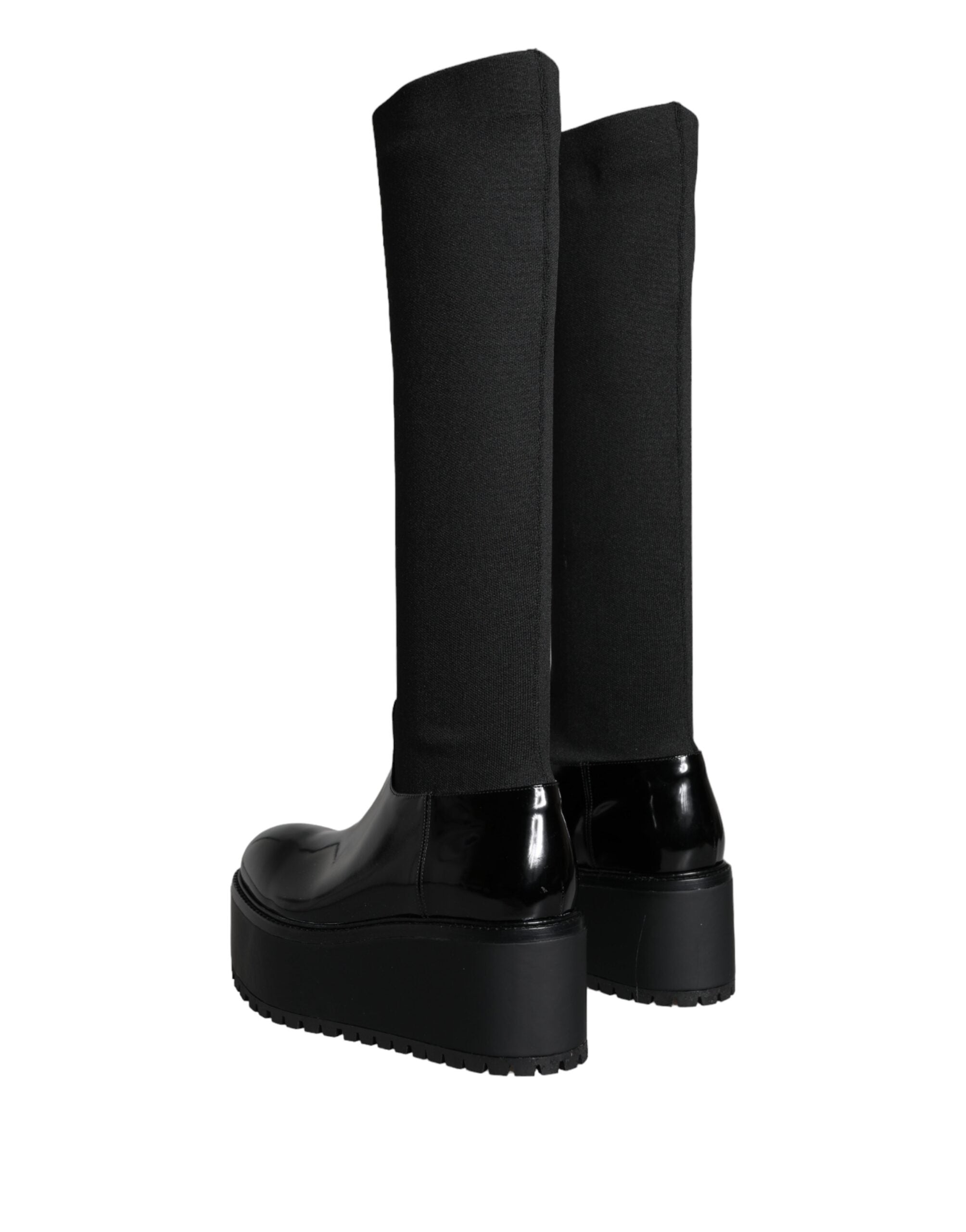Black Leather Jersey Knee High Boots Shoes - ventzia