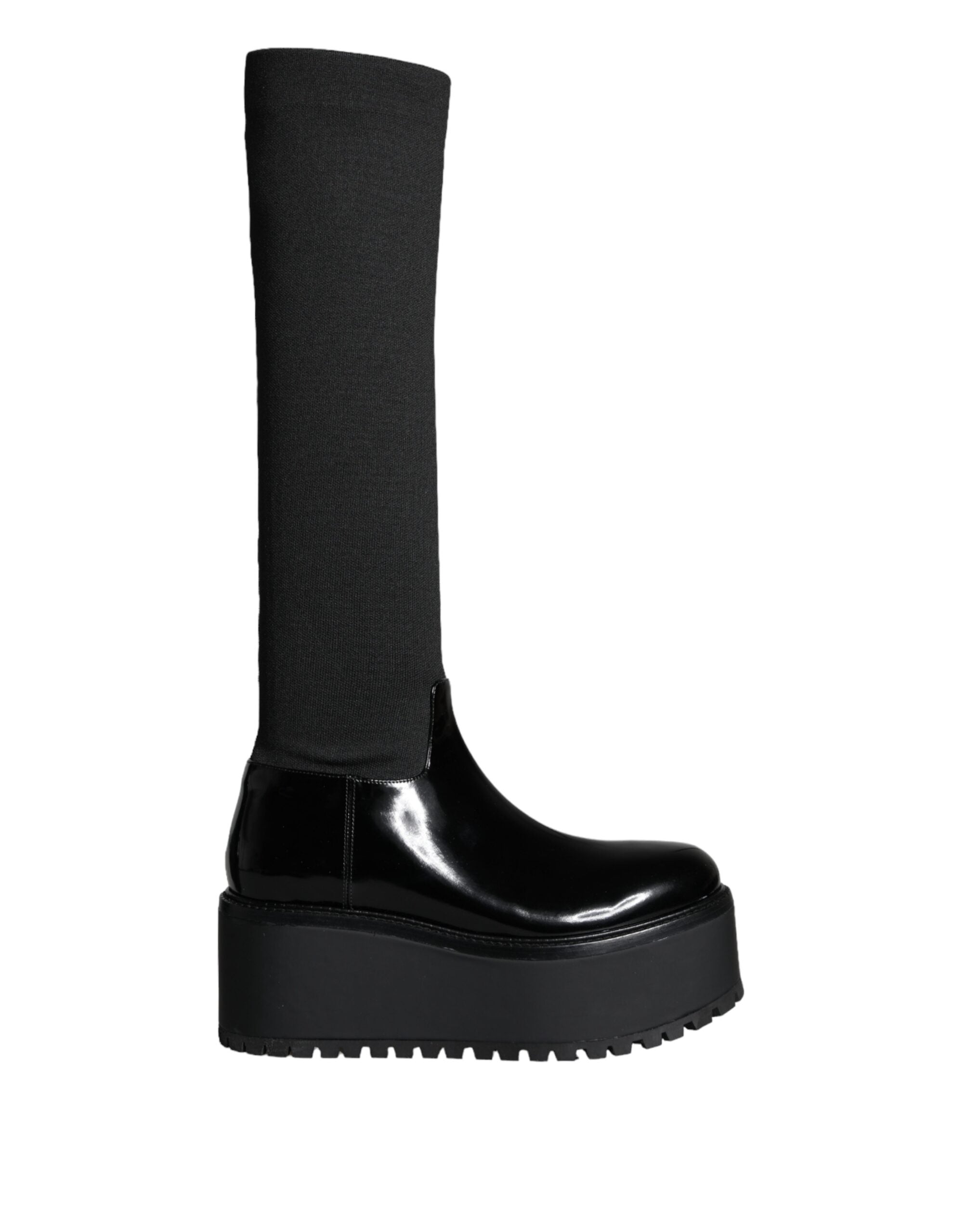 Black Leather Jersey Knee High Boots Shoes - ventzia