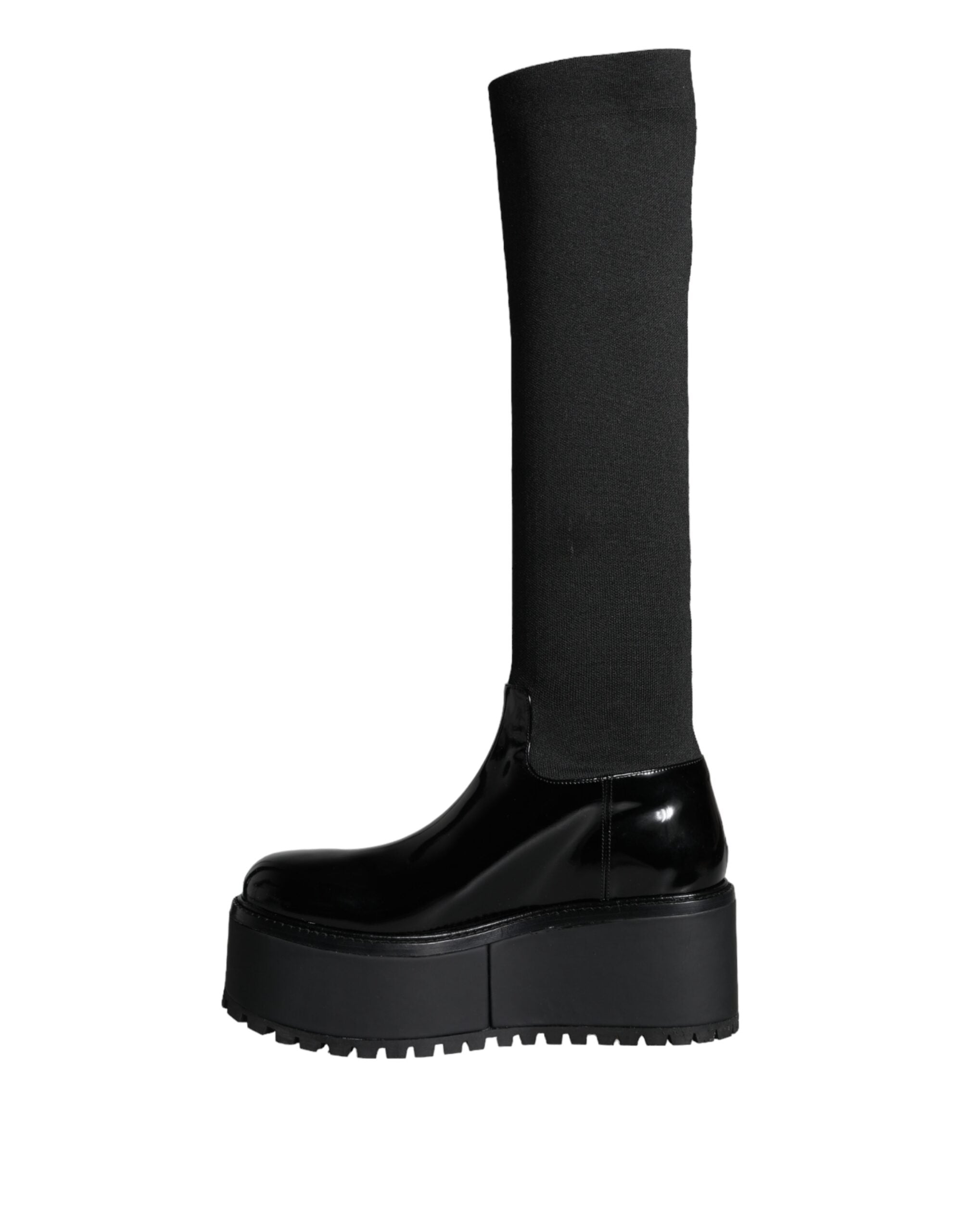 Black Leather Jersey Knee High Boots Shoes - ventzia