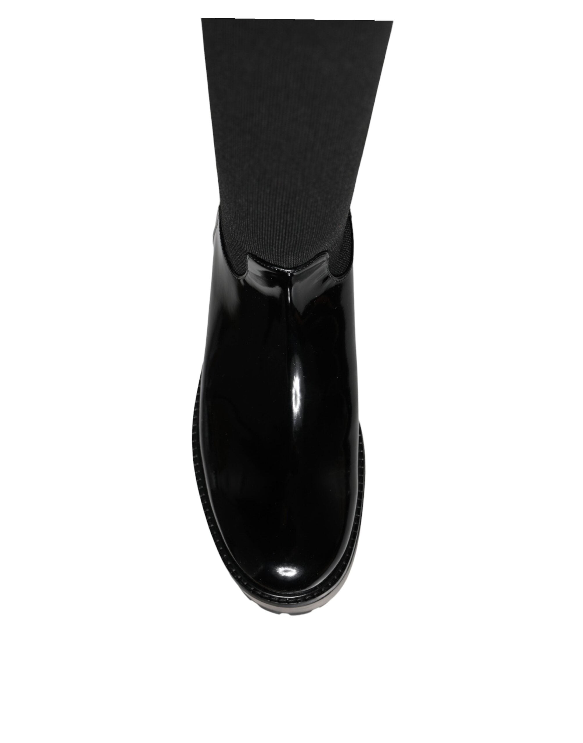 Black Leather Jersey Knee High Boots Shoes - ventzia