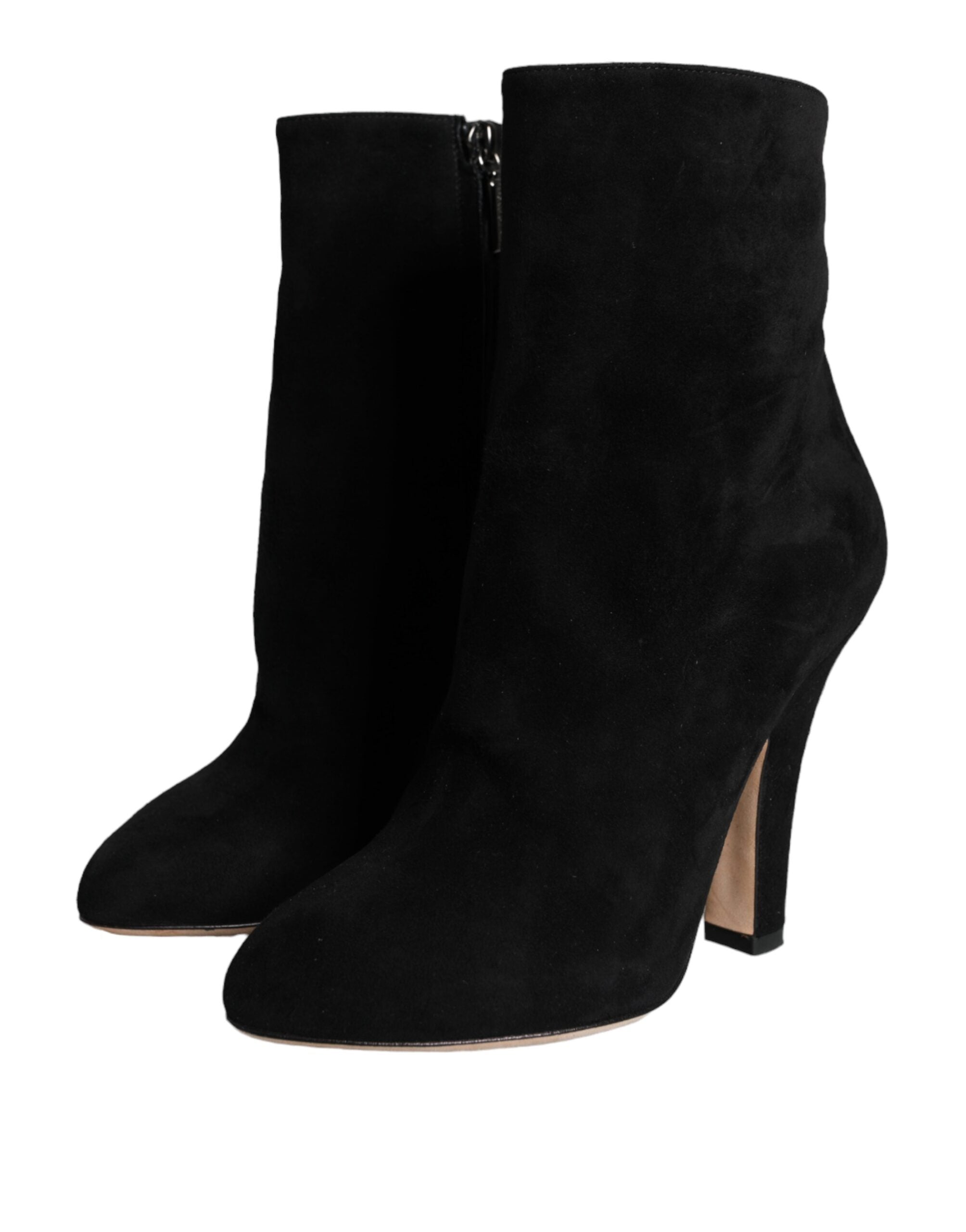 Black Suede Leather Mid Calf Boots Shoes - ventzia