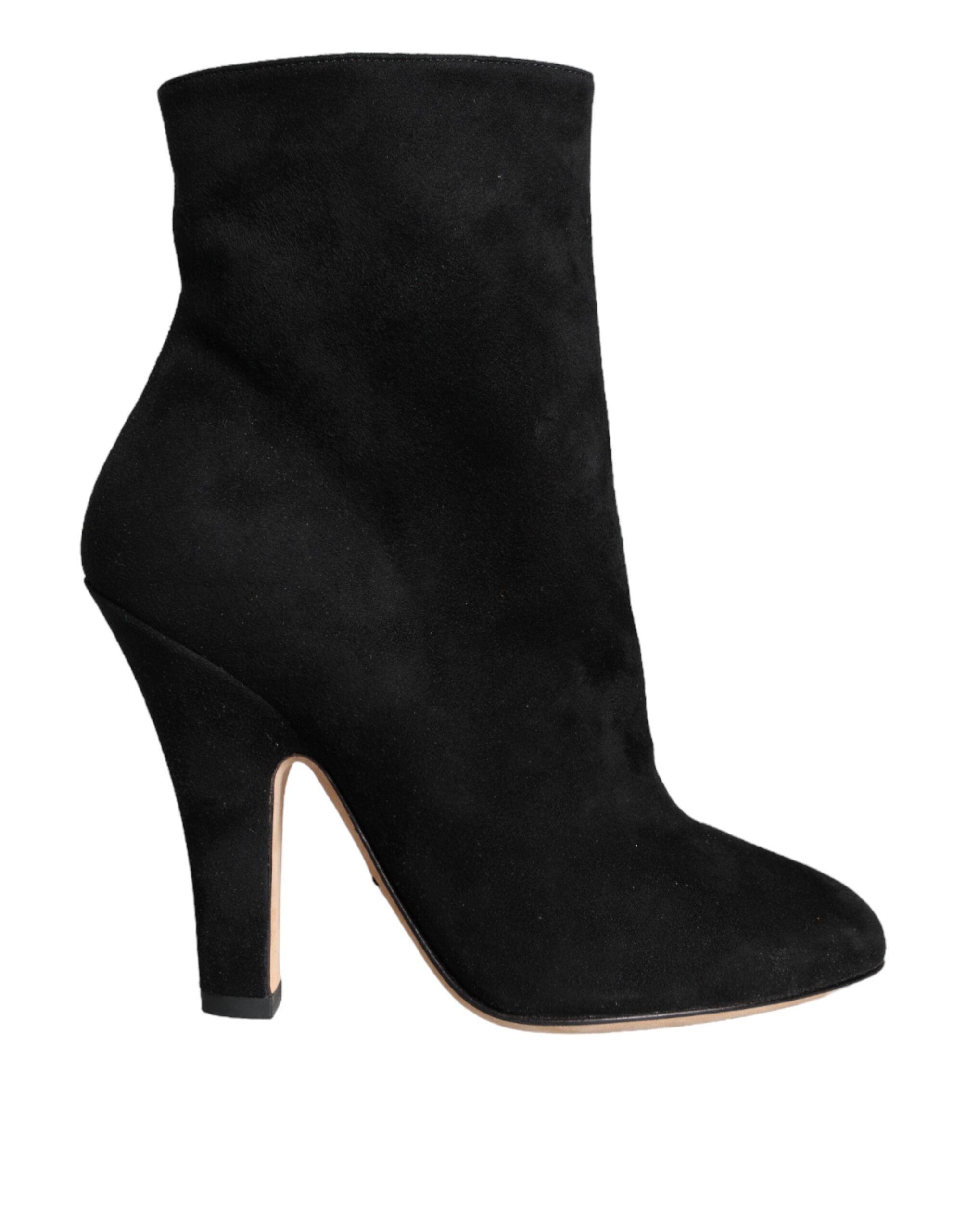 Black Suede Leather Mid Calf Boots Shoes - ventzia