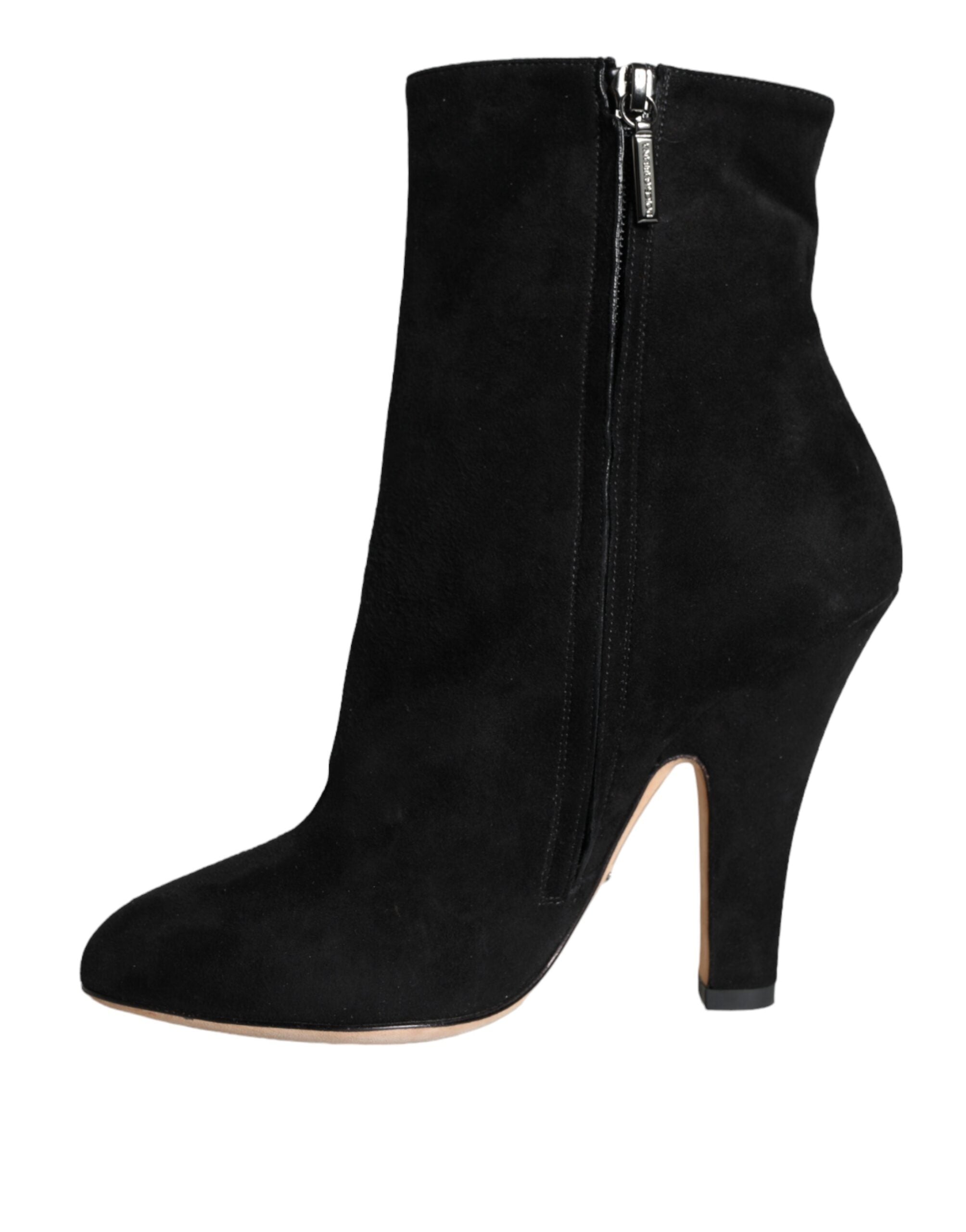 Black Suede Leather Mid Calf Boots Shoes - ventzia