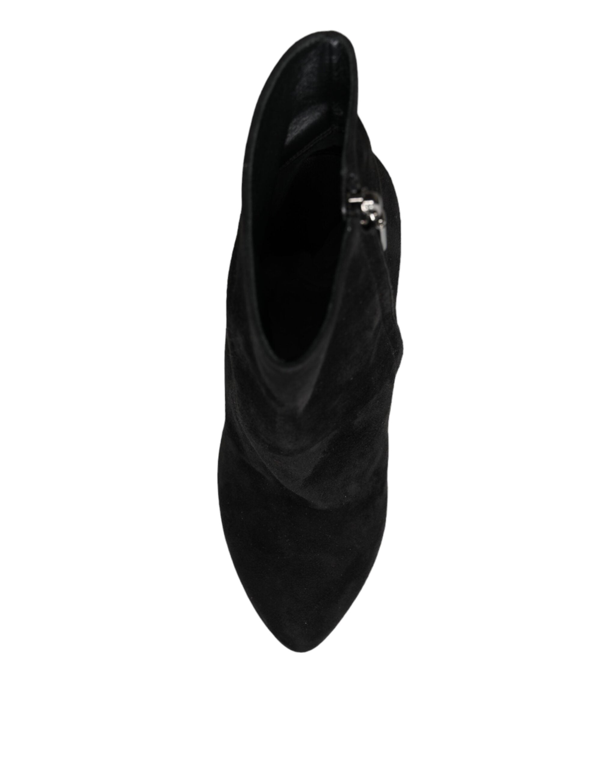 Black Suede Leather Mid Calf Boots Shoes - ventzia