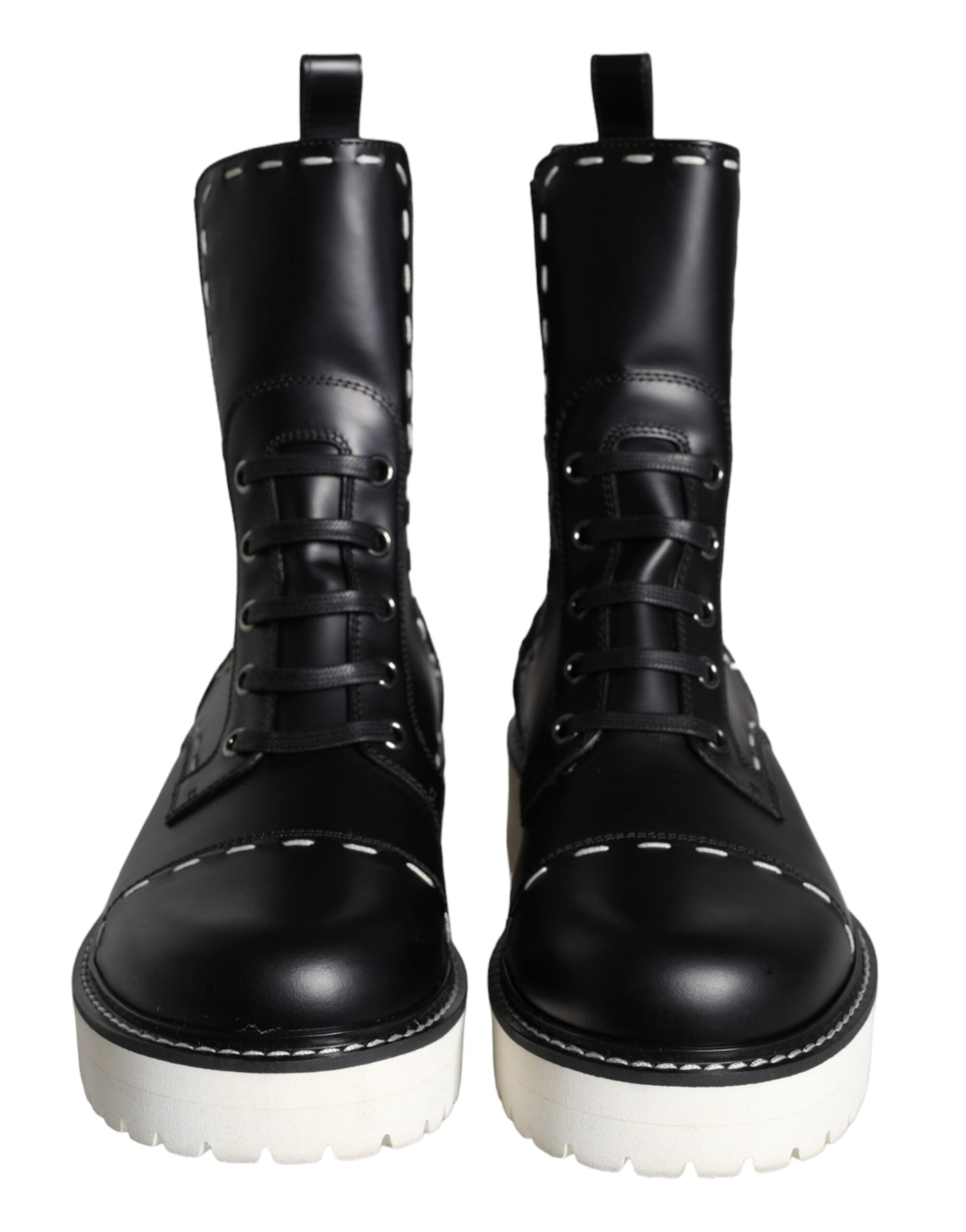 Black Leather Combat Mid Calf Boots Shoes - ventzia