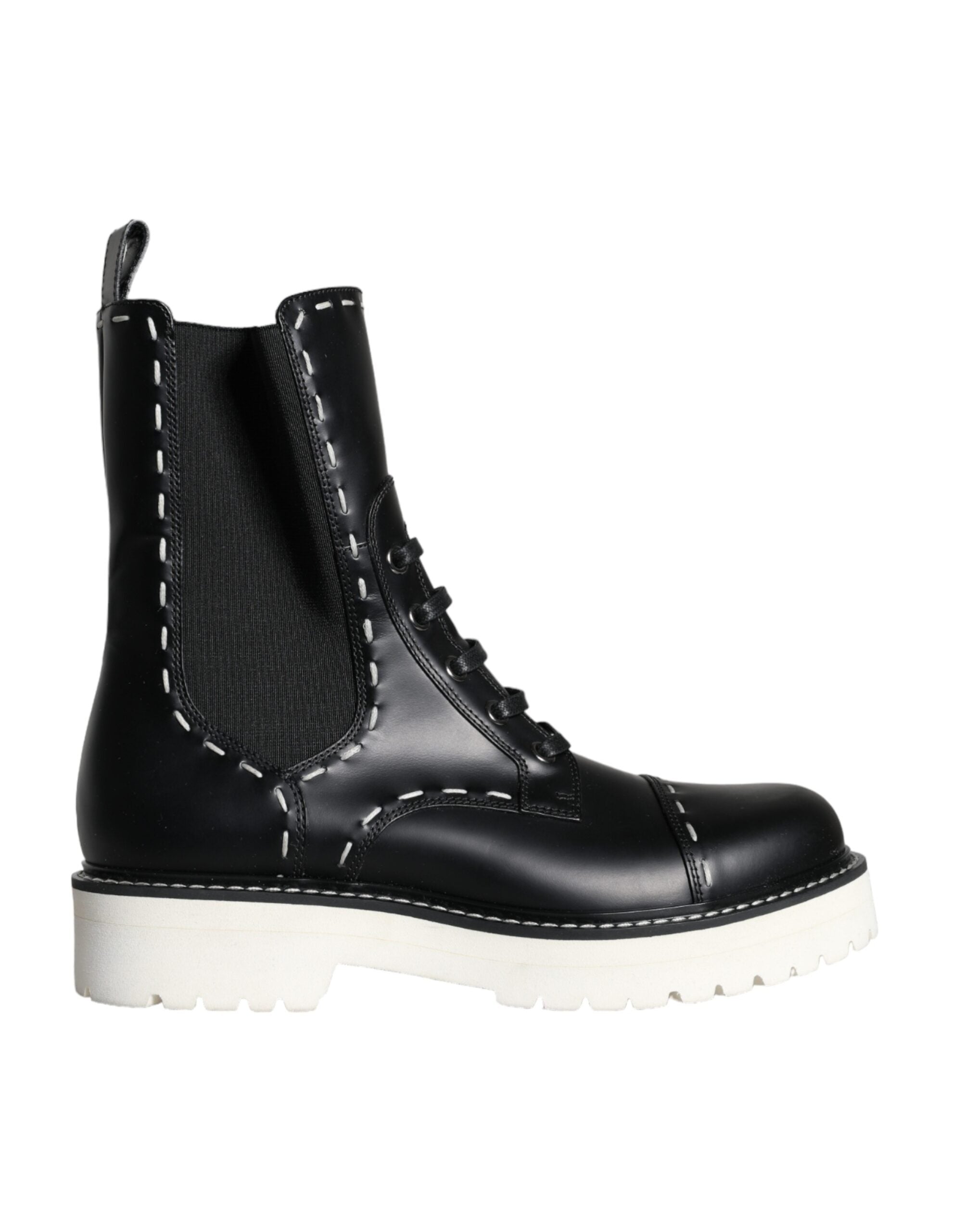 Black Leather Combat Mid Calf Boots Shoes - ventzia