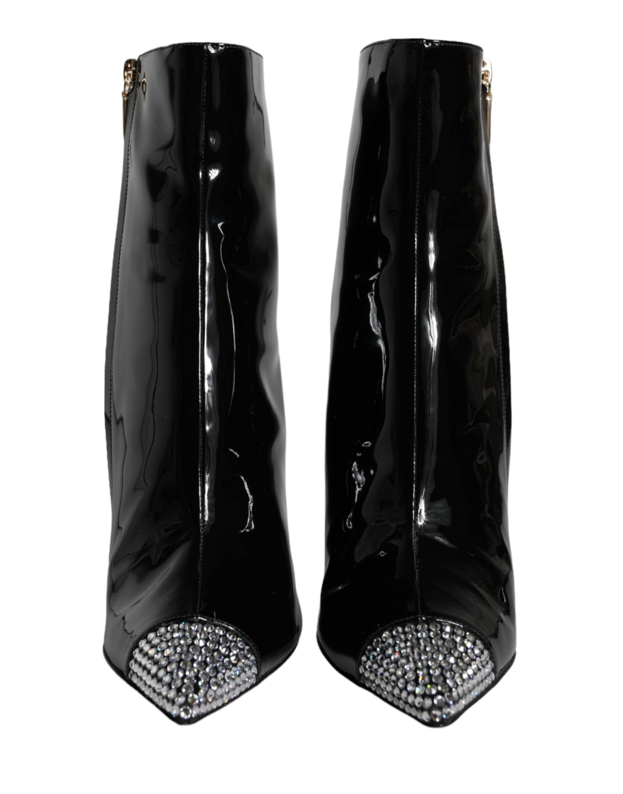 Black Patent Leather Crystal Heel Boots Shoes - ventzia