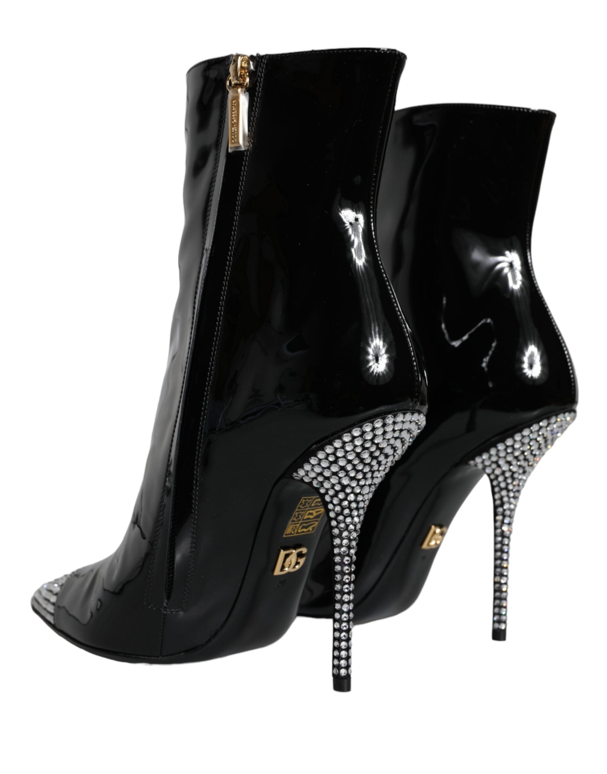 Black Patent Leather Crystal Heel Boots Shoes - ventzia