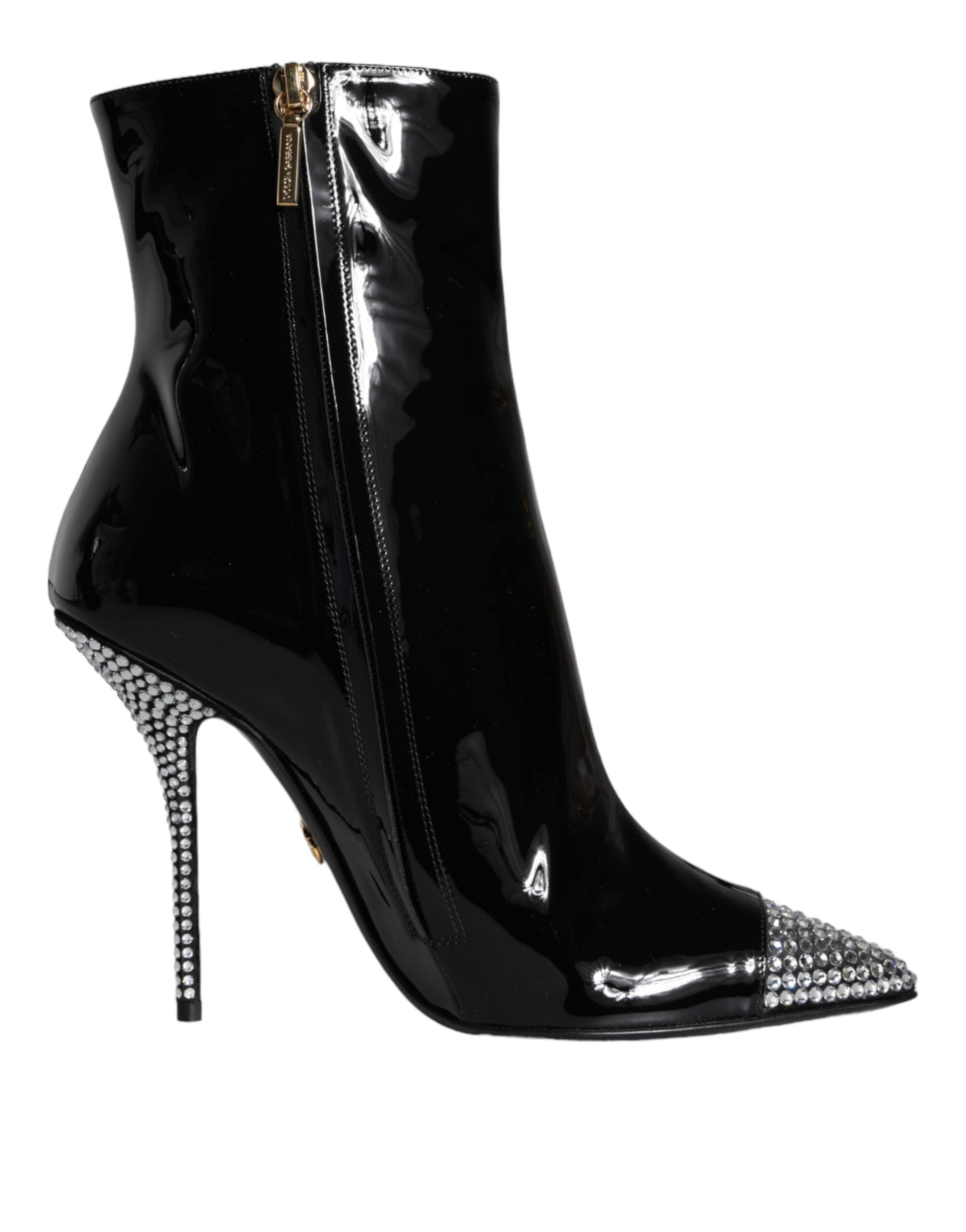 Black Patent Leather Crystal Heel Boots Shoes - ventzia