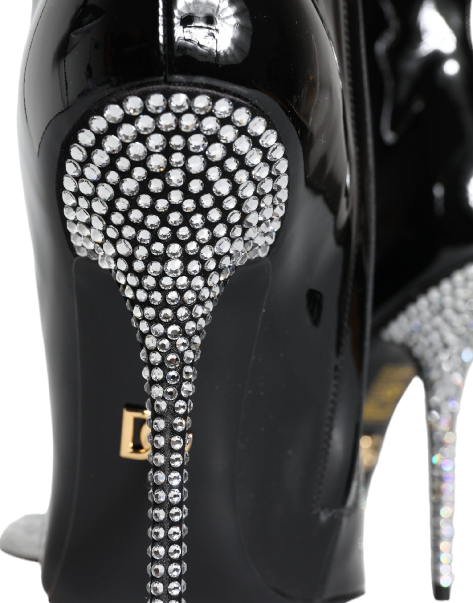 Black Patent Leather Crystal Heel Boots Shoes - ventzia