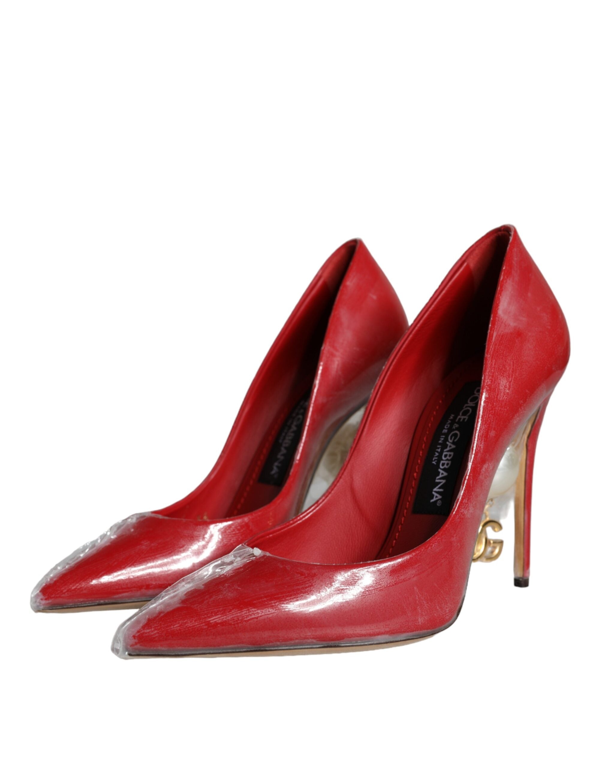 Red Patent Leather Faux Pearl Heels Pumps Shoes - ventzia