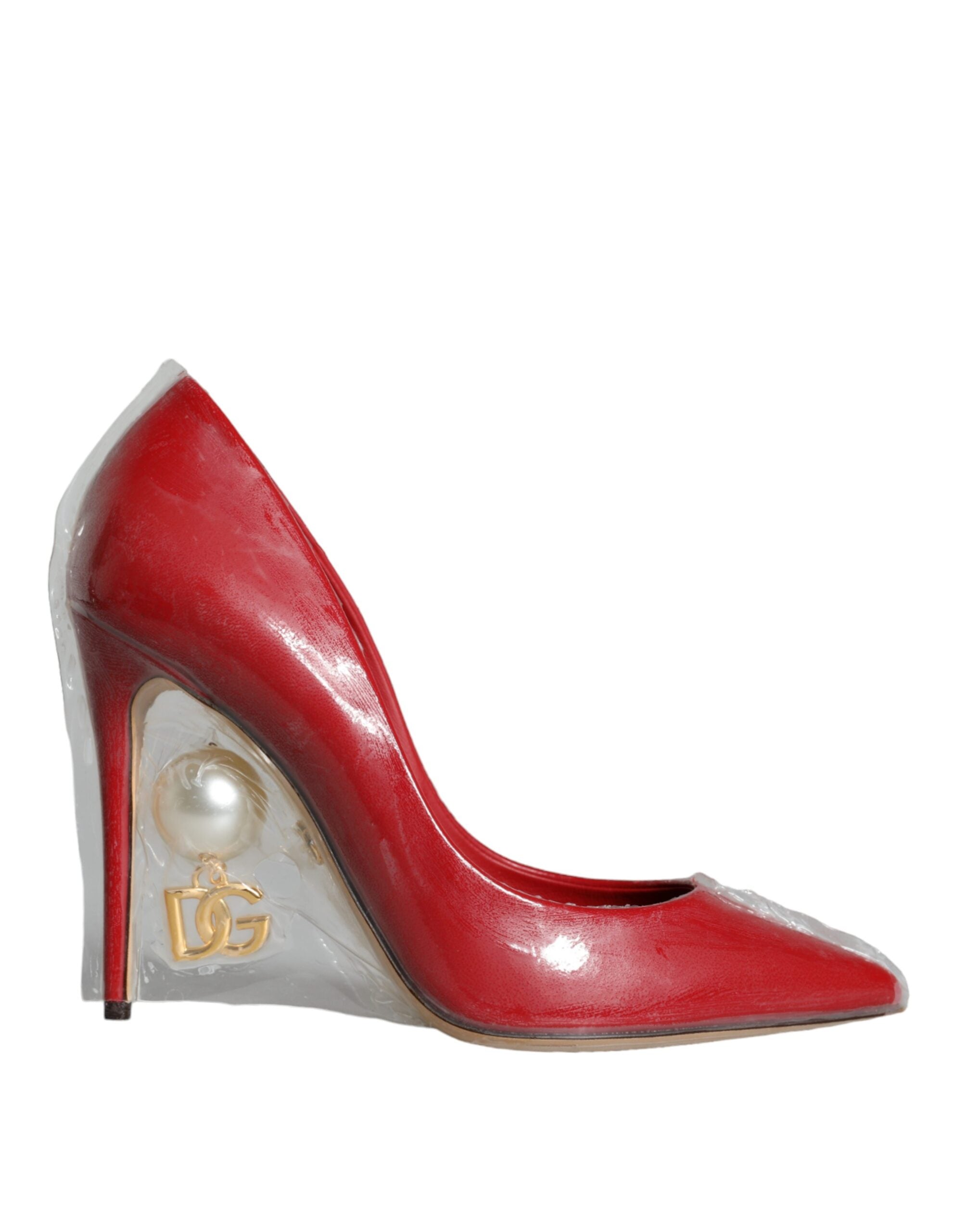 Red Patent Leather Faux Pearl Heels Pumps Shoes - ventzia