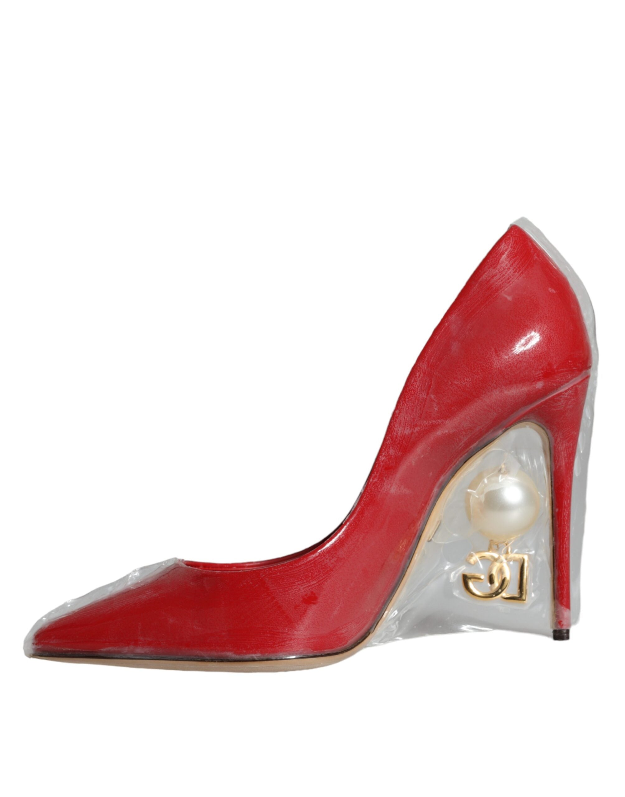 Red Patent Leather Faux Pearl Heels Pumps Shoes - ventzia