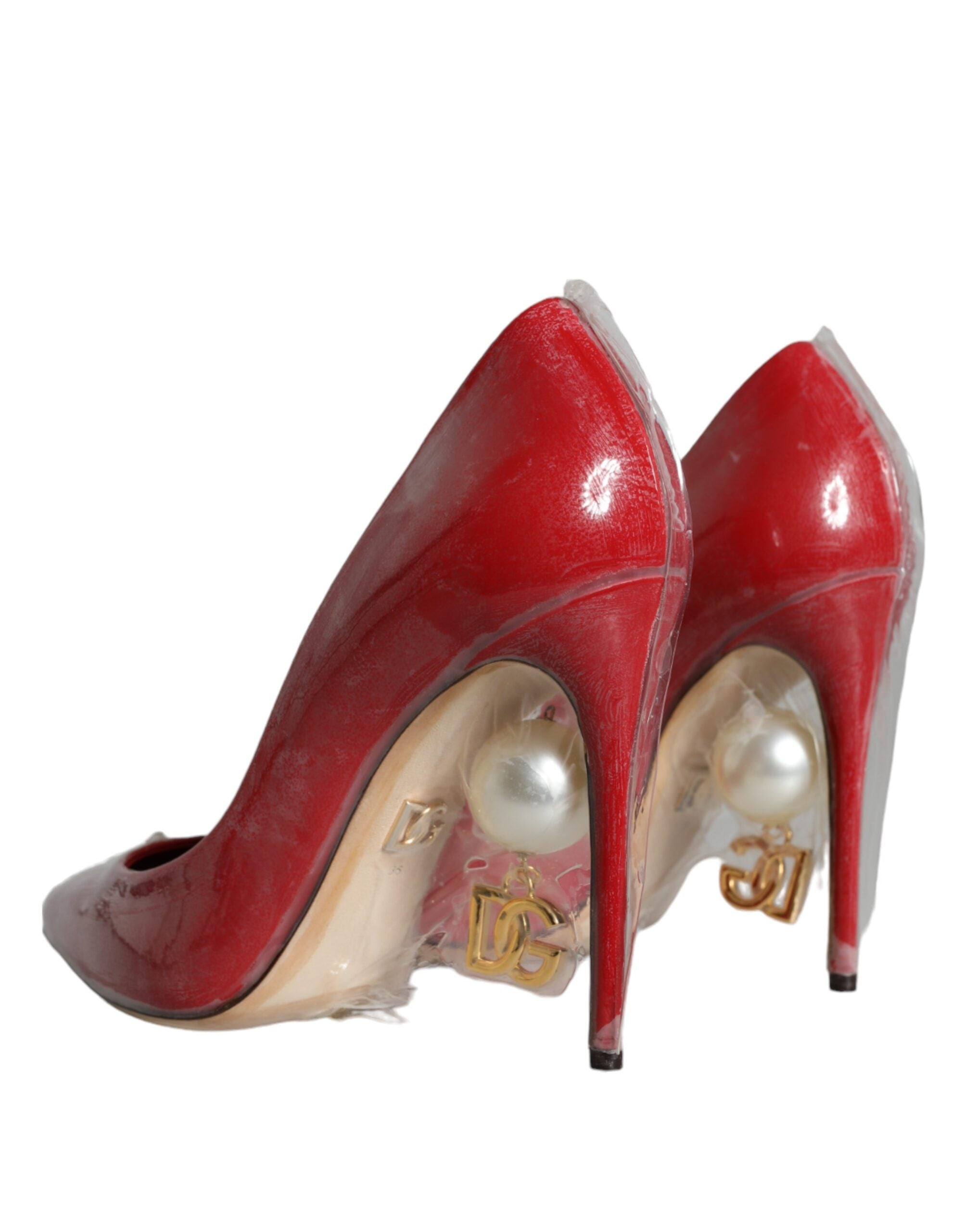 Red Patent Leather Faux Pearl Heels Pumps Shoes - ventzia