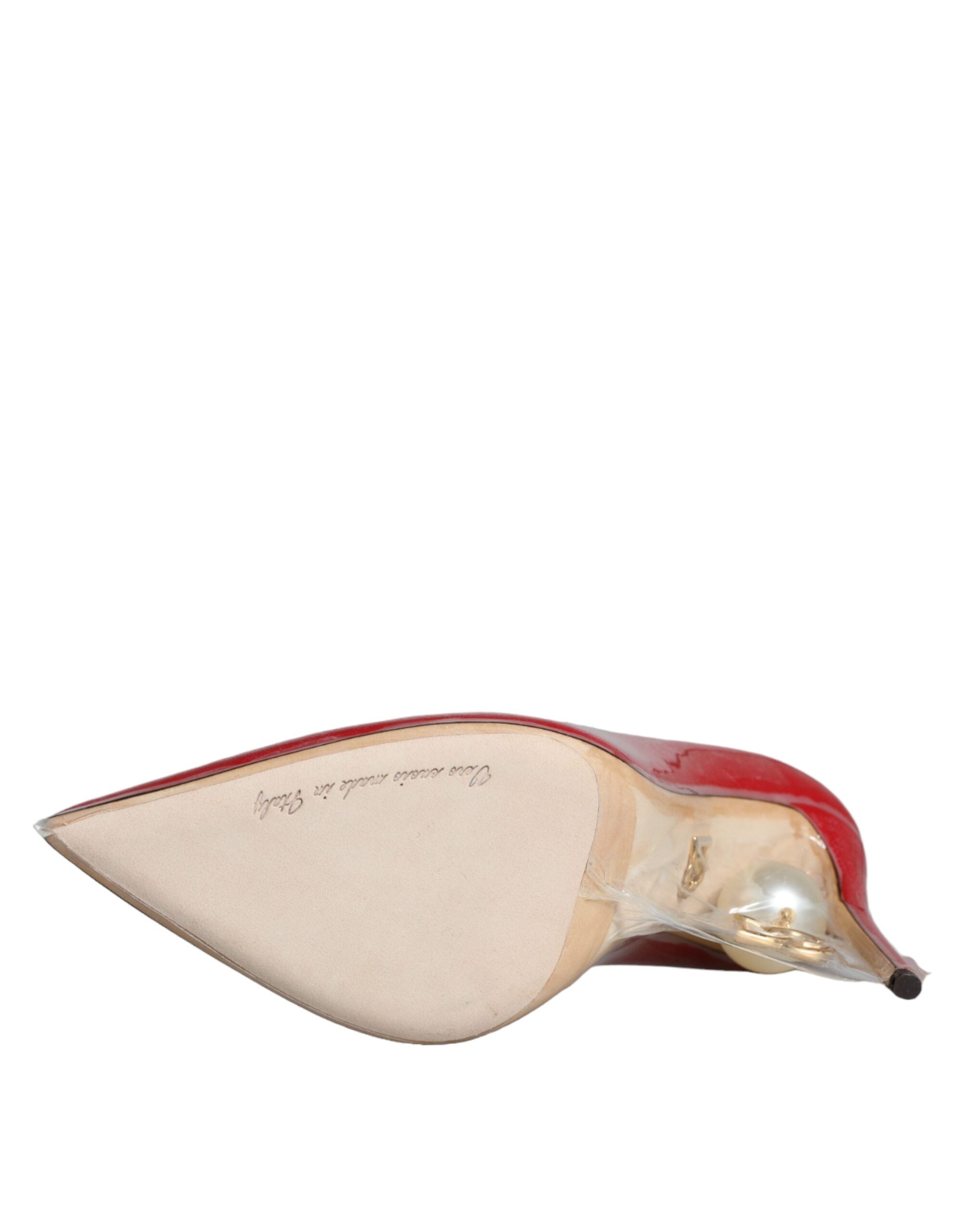 Red Patent Leather Faux Pearl Heels Pumps Shoes - ventzia