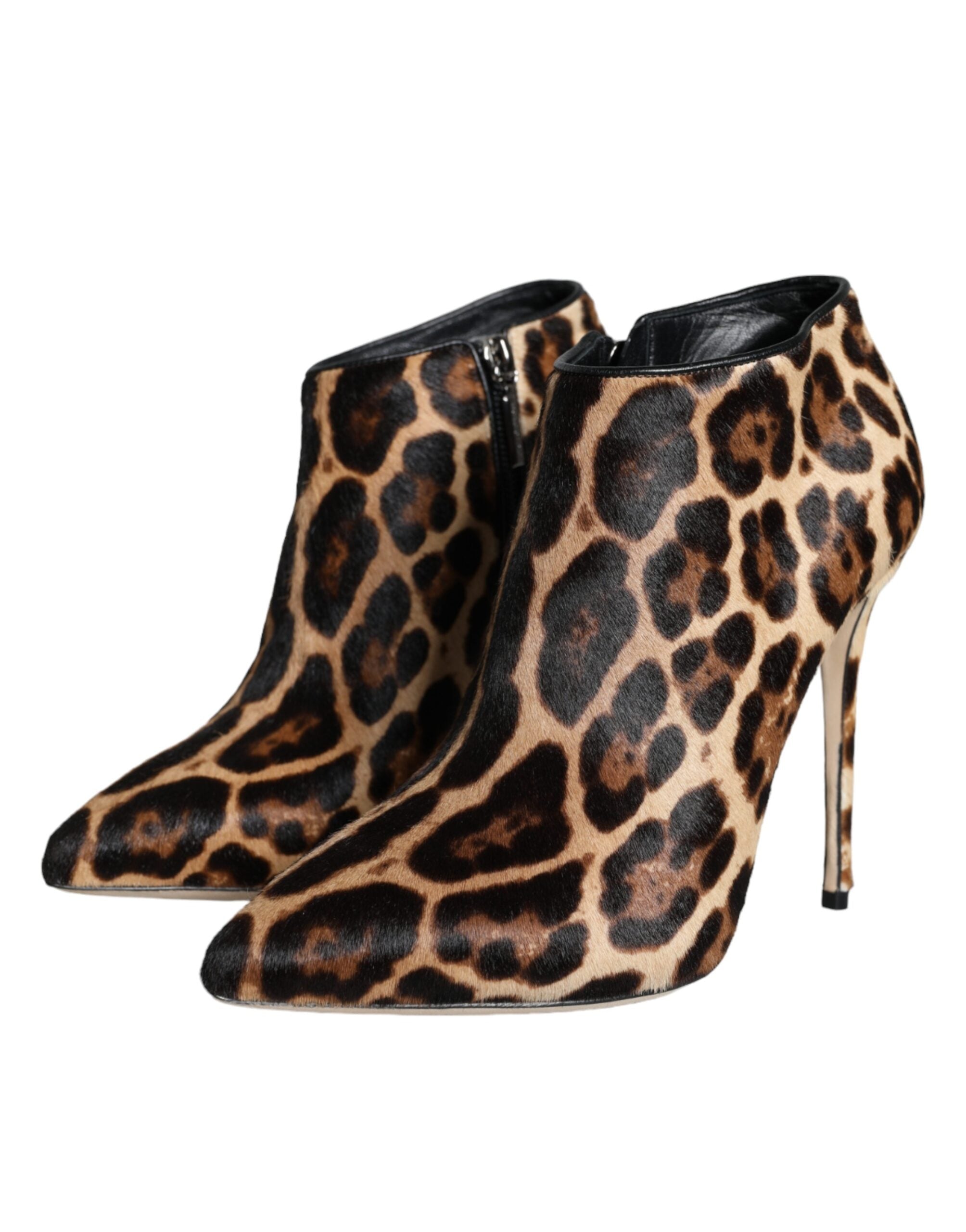 Brown Leopard Calf Fur Heels Ankle Boots Shoes - ventzia