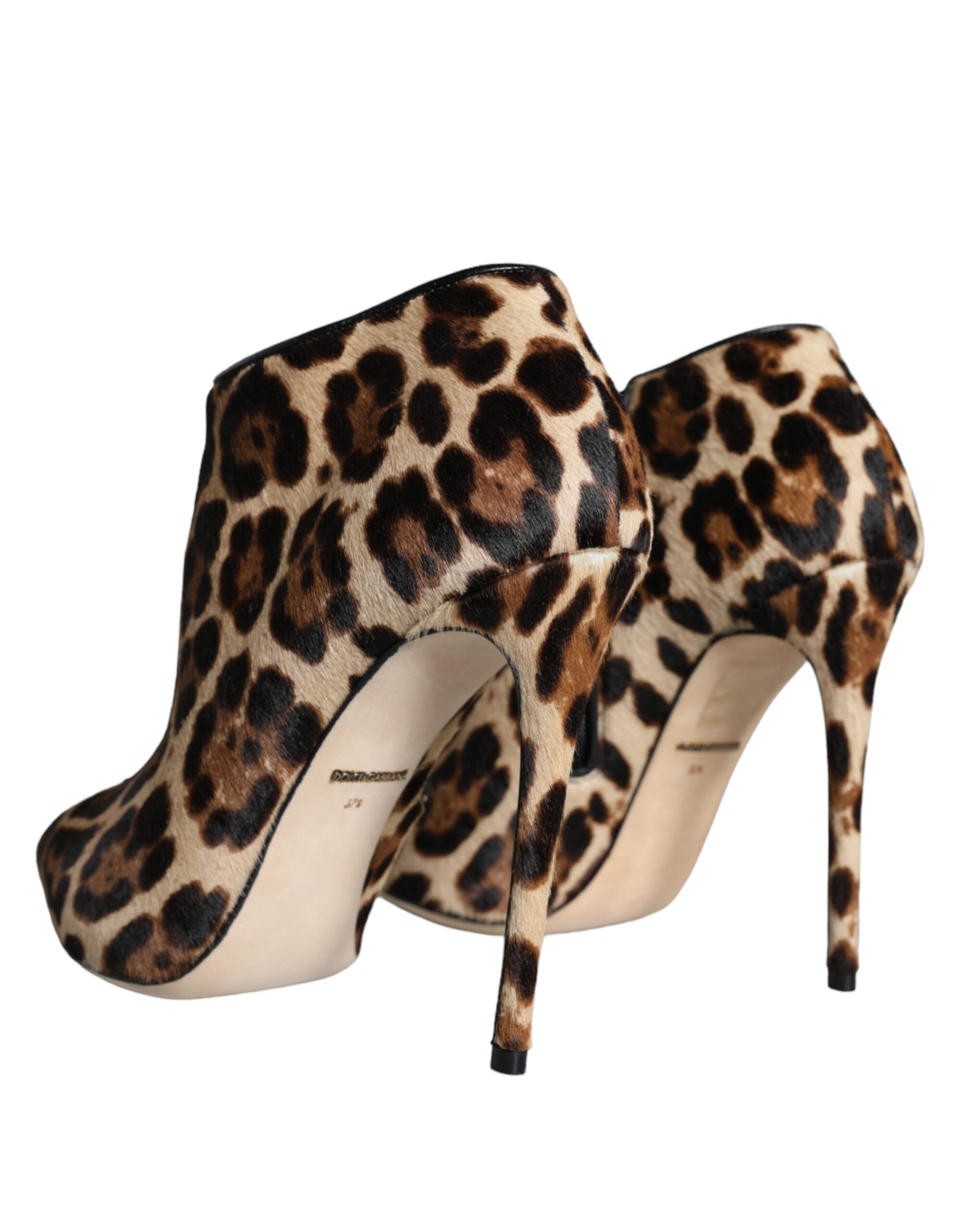 Brown Leopard Calf Fur Heels Ankle Boots Shoes - ventzia