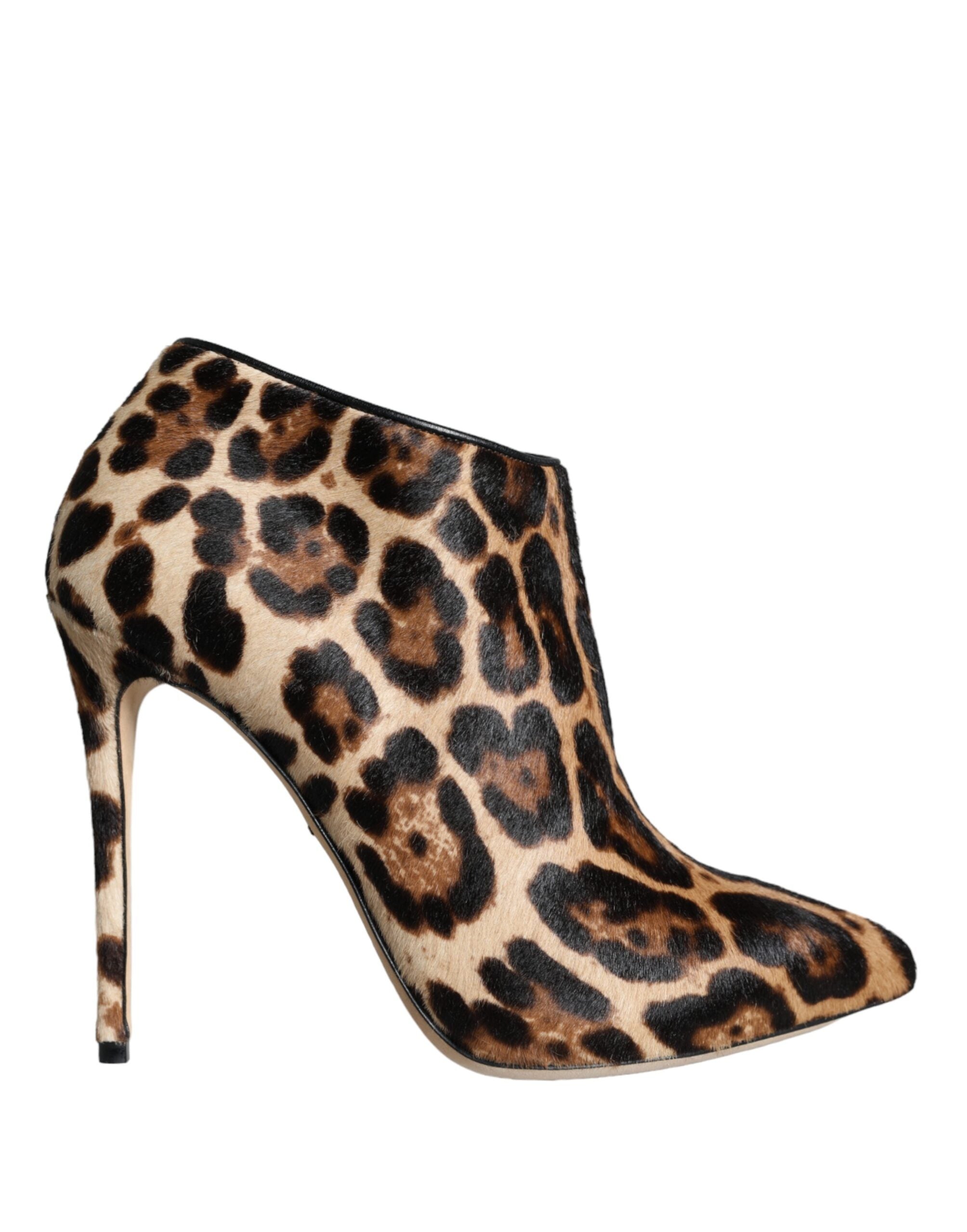 Brown Leopard Calf Fur Heels Ankle Boots Shoes - ventzia