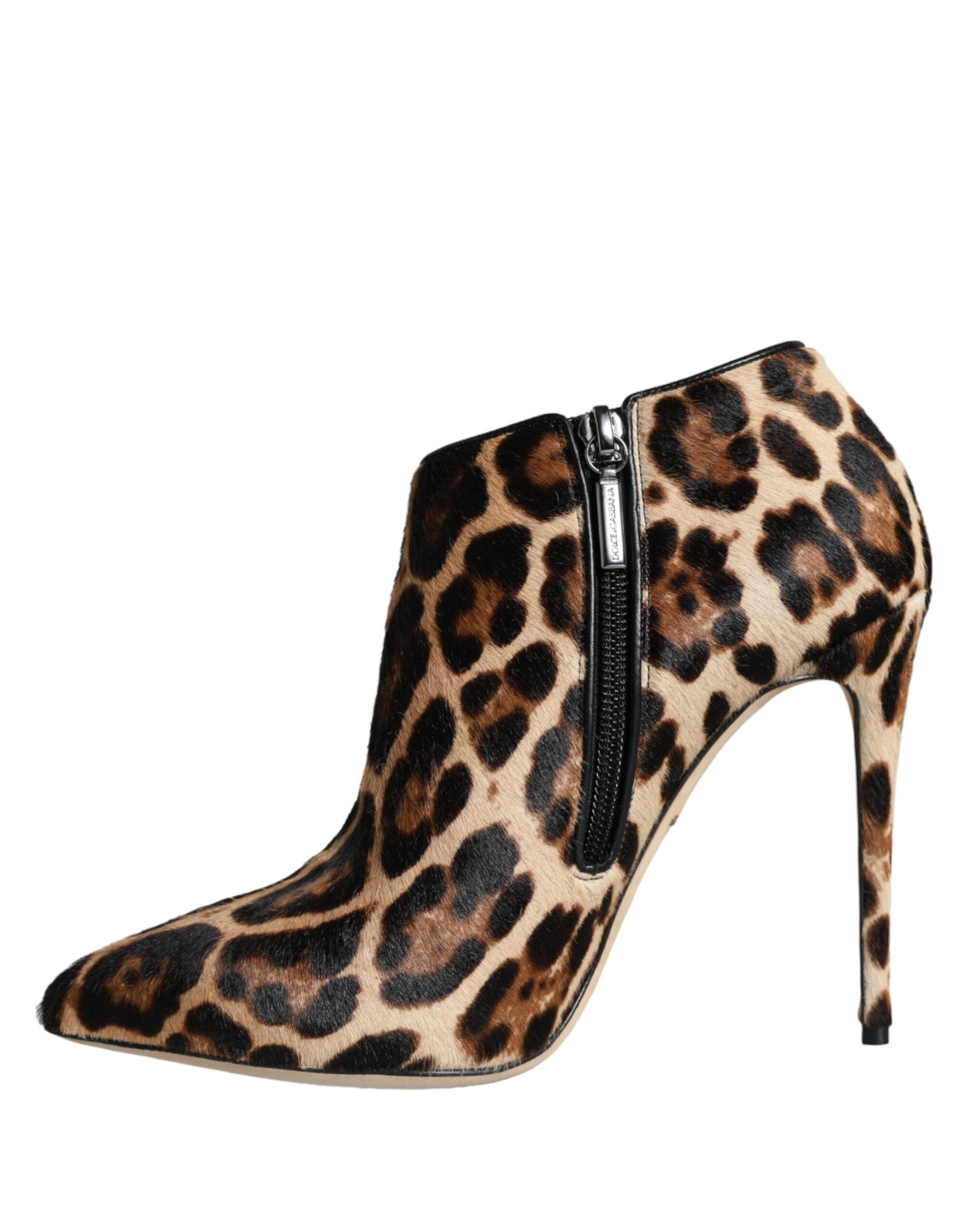 Brown Leopard Calf Fur Heels Ankle Boots Shoes - ventzia