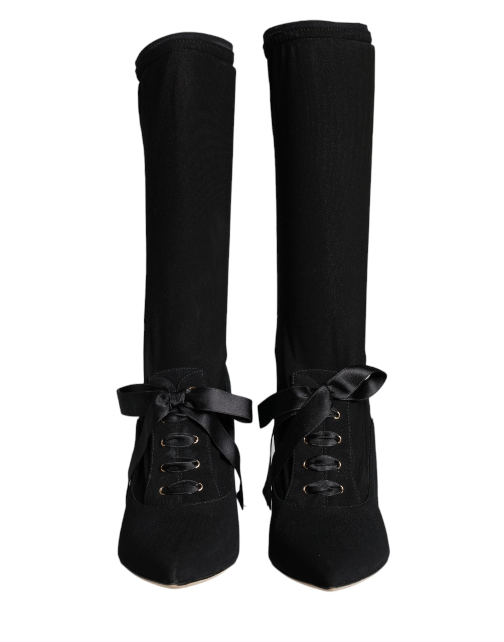 Black Stiletto Heels Mid Calf Boots Shoes - ventzia