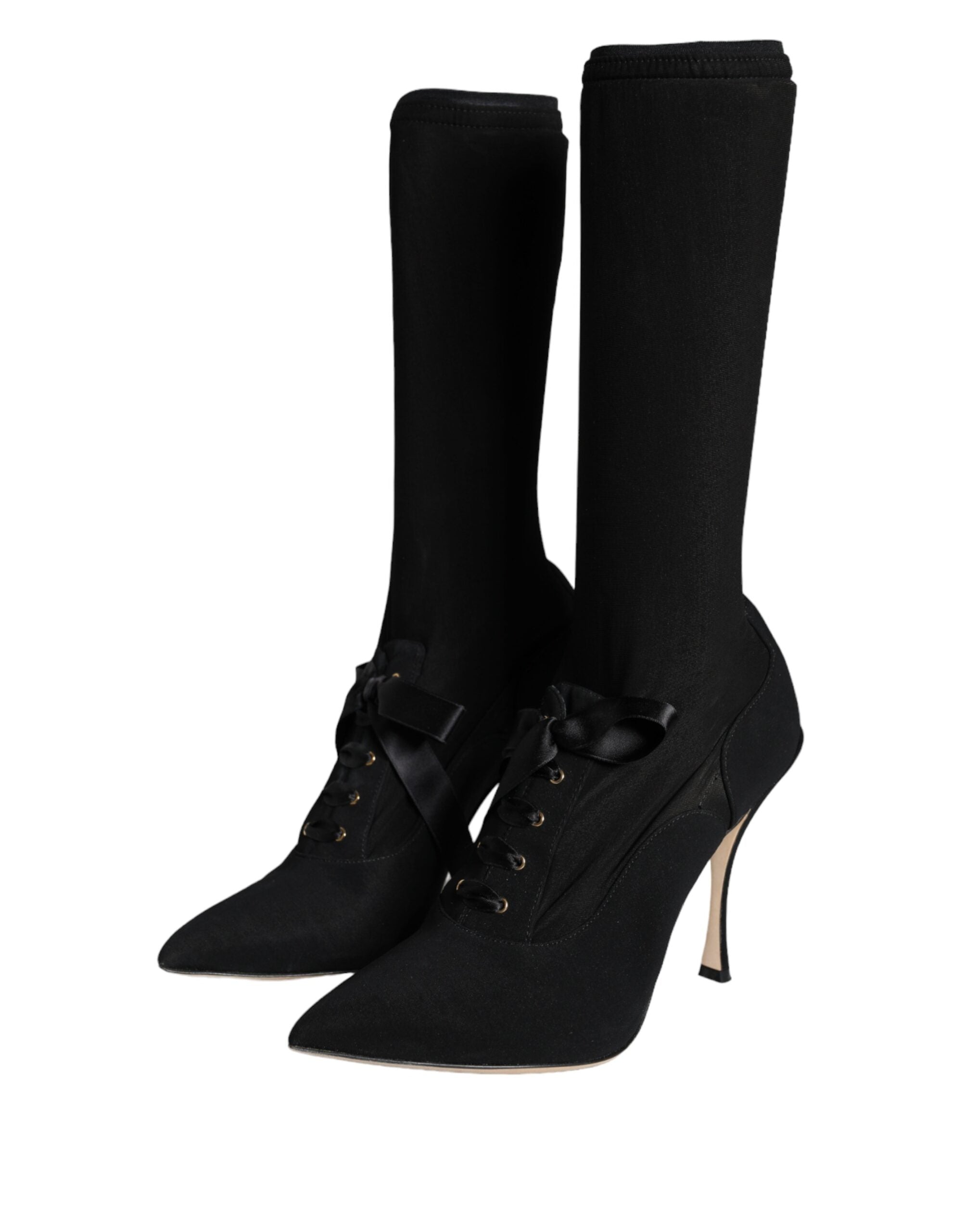 Black Stiletto Heels Mid Calf Boots Shoes - ventzia