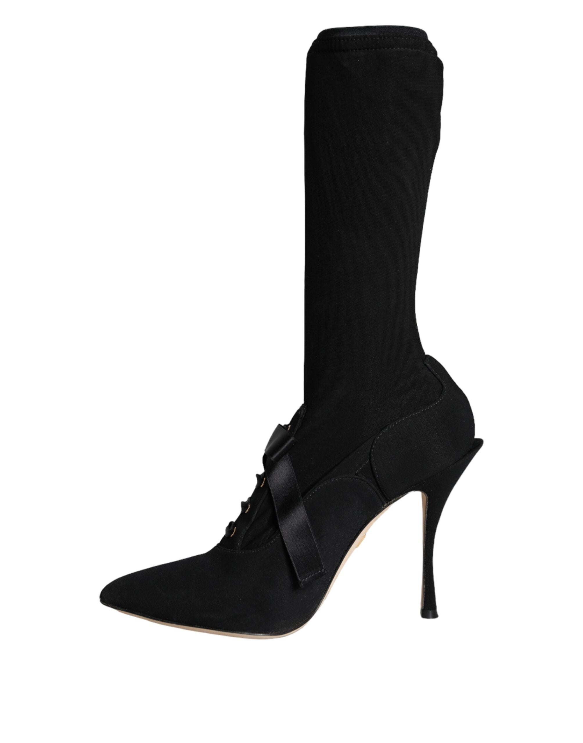 Black Stiletto Heels Mid Calf Boots Shoes - ventzia
