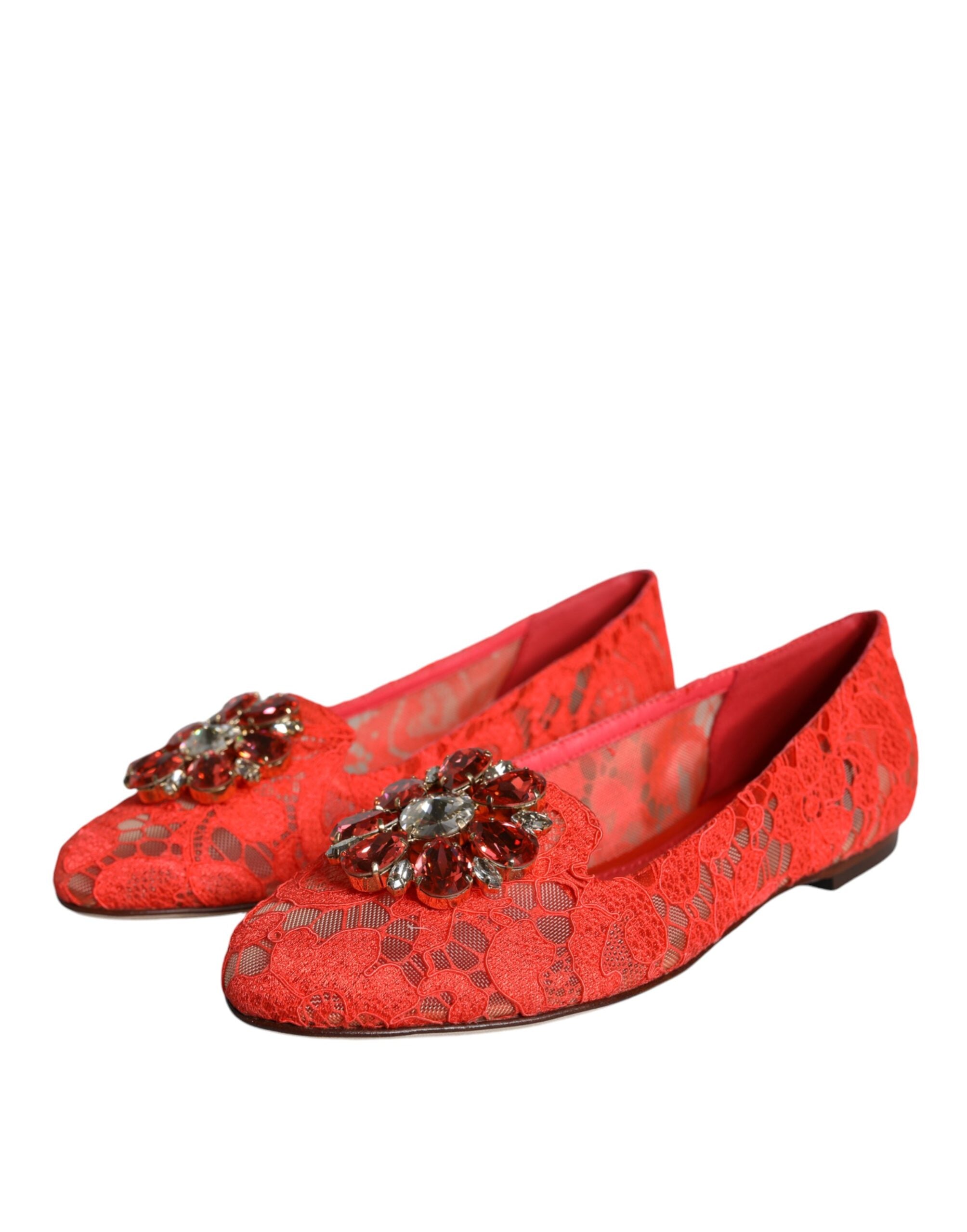 Coral Lace Crystal Ballet Flats Loafers Shoes - ventzia