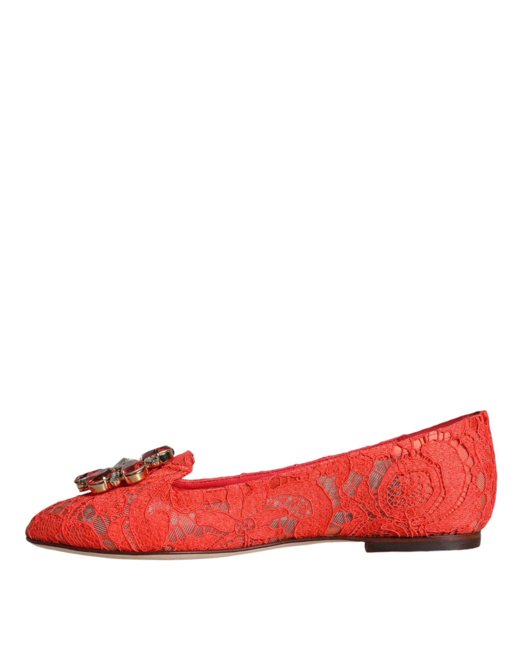 Coral Lace Crystal Ballet Flats Loafers Shoes - ventzia