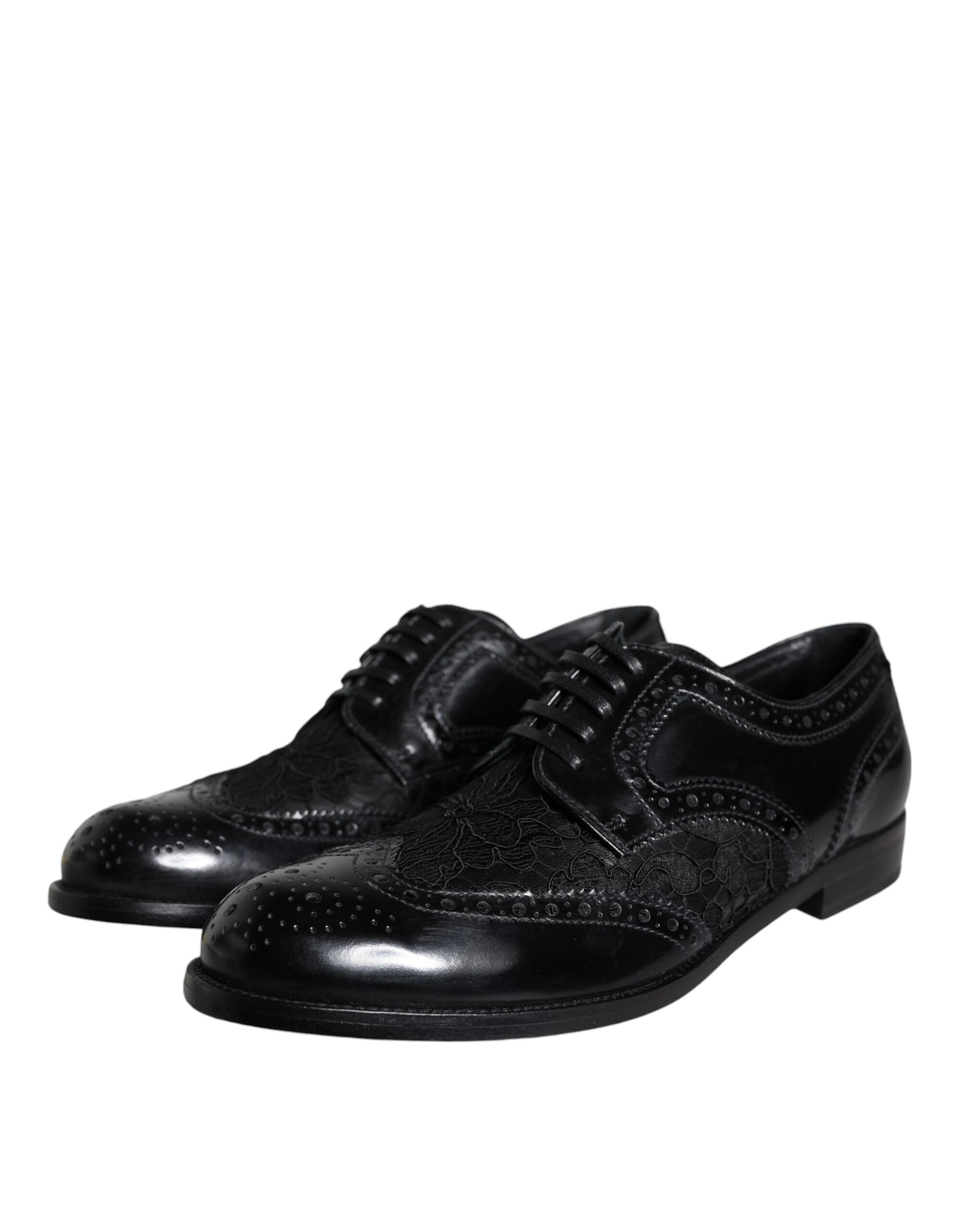 Black Leather Floral Lace Dress Formal Shoes - ventzia