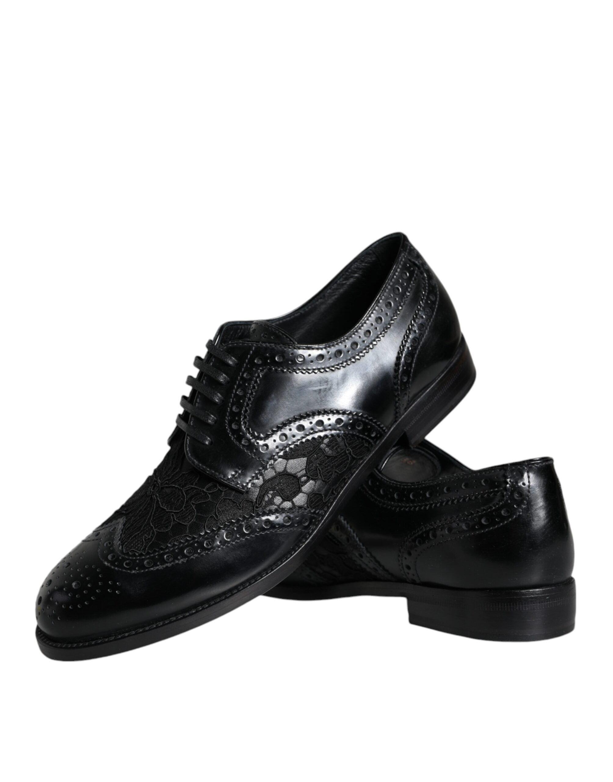Black Leather Floral Lace Dress Formal Shoes - ventzia