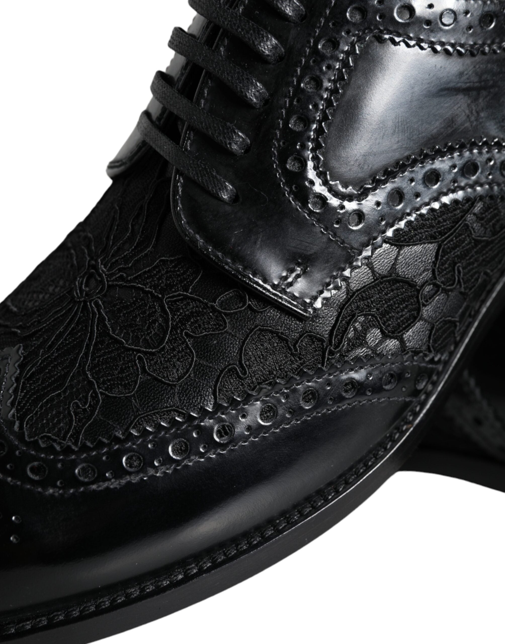 Black Leather Floral Lace Dress Formal Shoes - ventzia