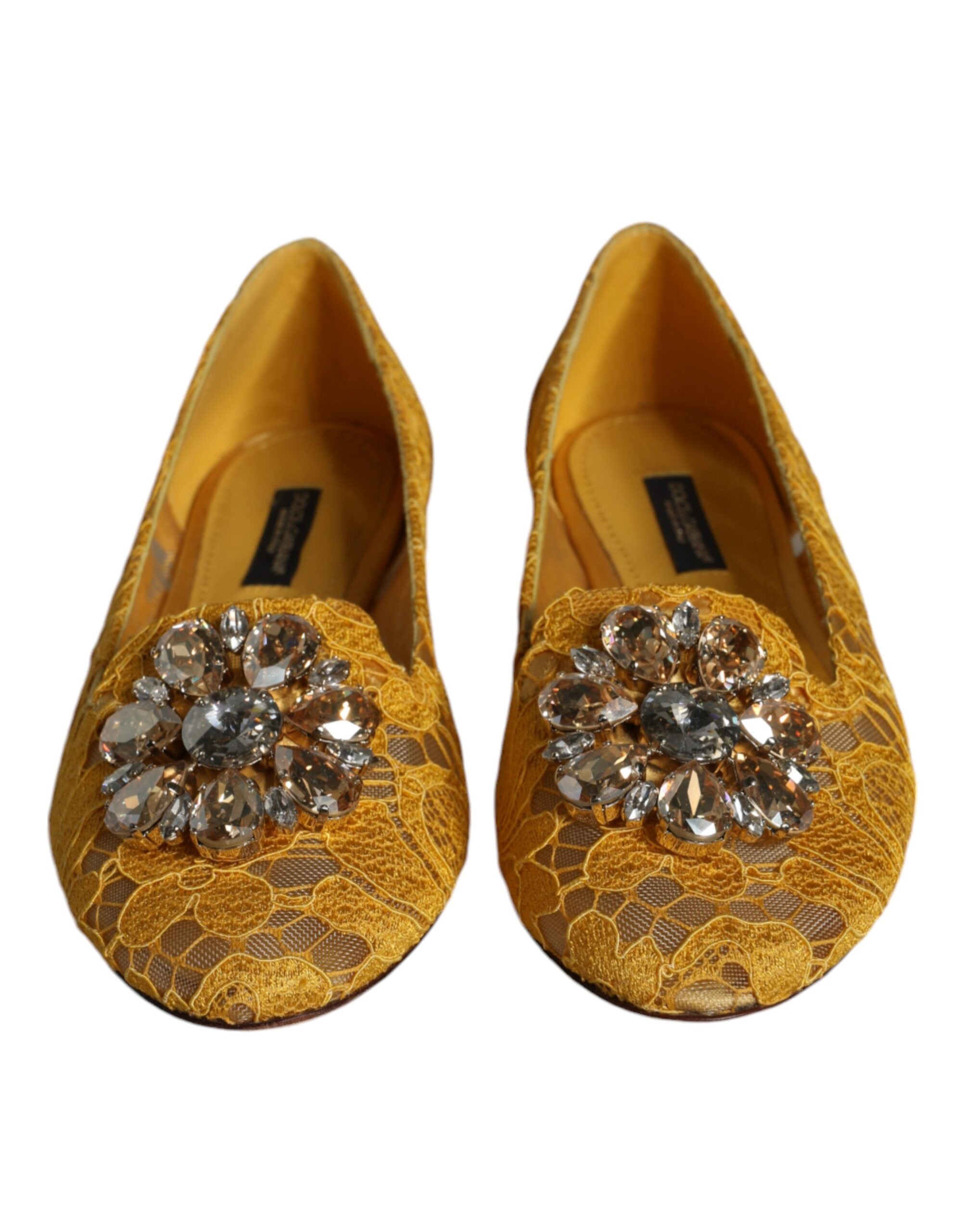 Mustard Lace Crystal Ballet Flats Loafer Shoes - ventzia
