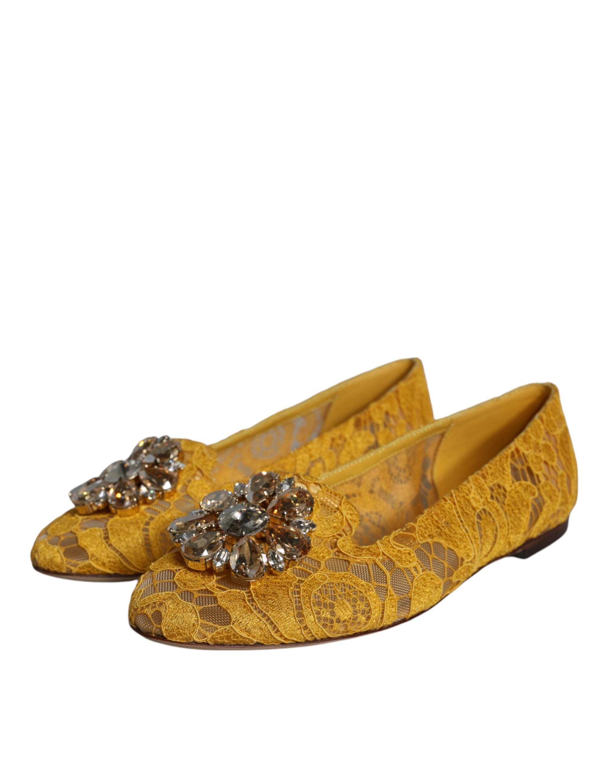Mustard Lace Crystal Ballet Flats Loafer Shoes - ventzia