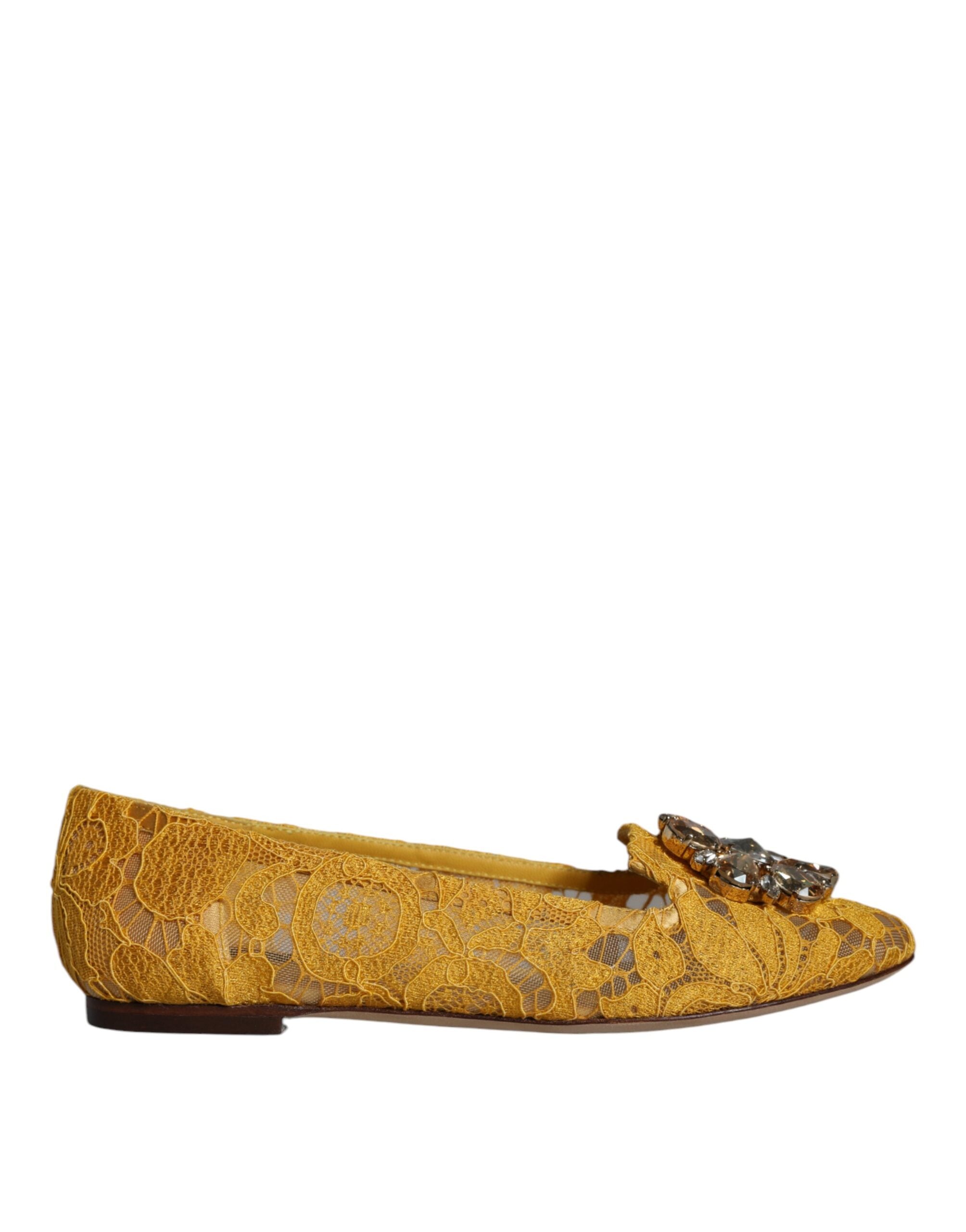 Mustard Lace Crystal Ballet Flats Loafer Shoes - ventzia