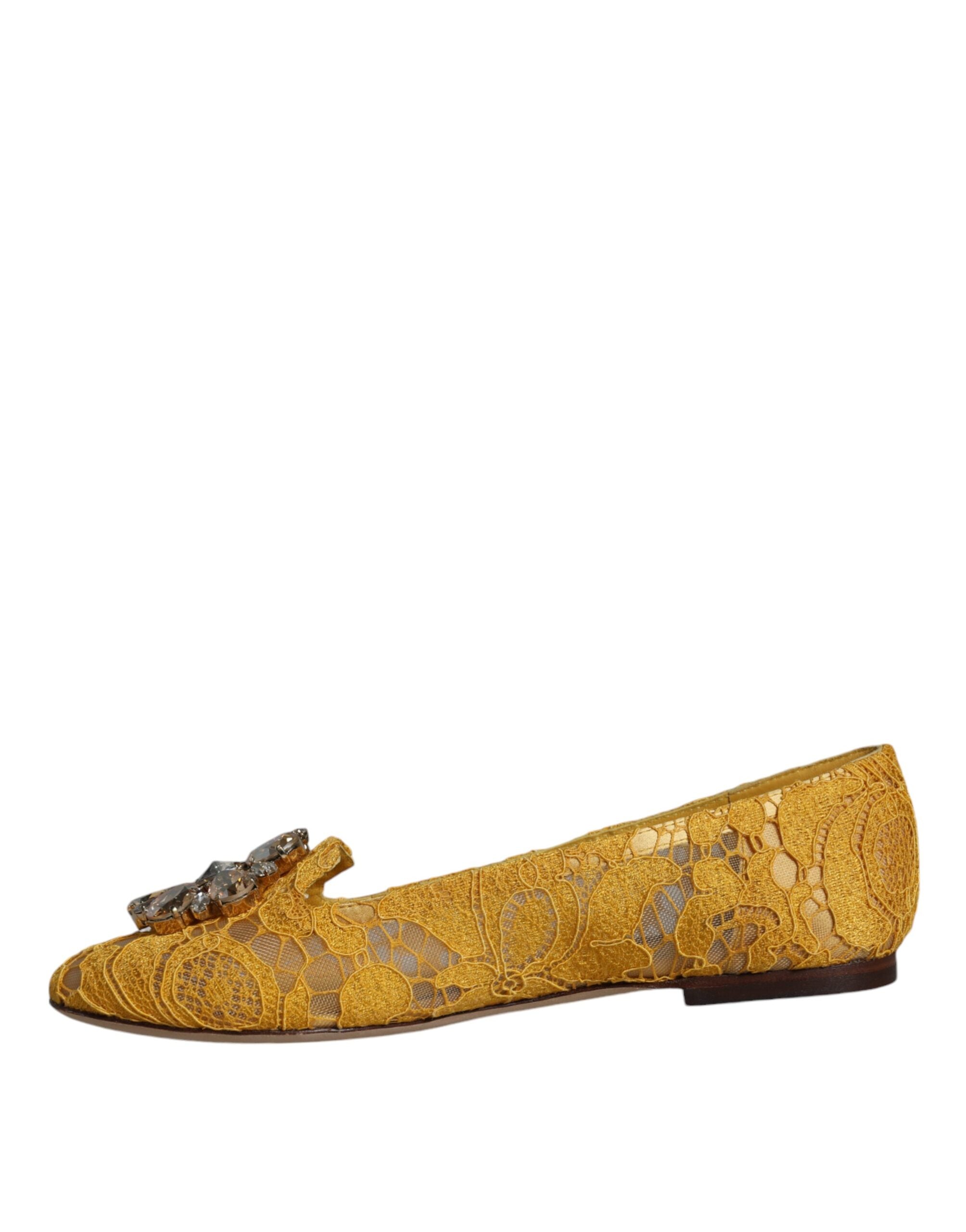 Mustard Lace Crystal Ballet Flats Loafer Shoes - ventzia