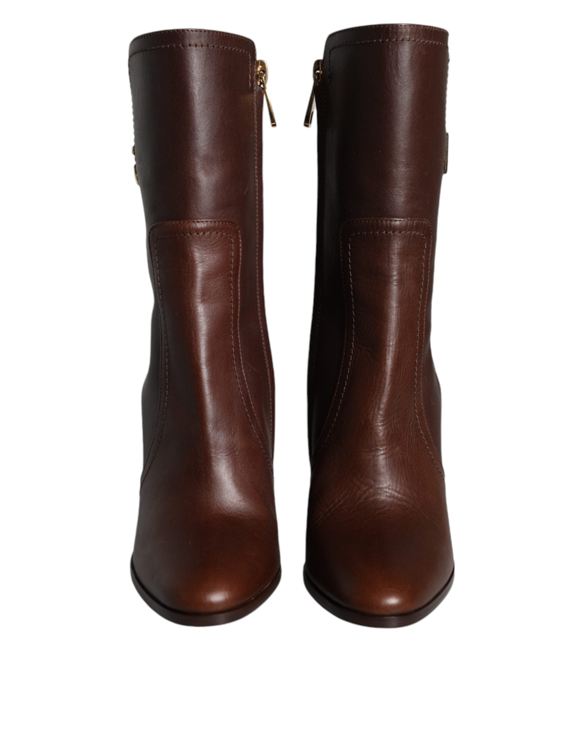 Brown Leather Heels Mid Calf Boots Shoes - ventzia