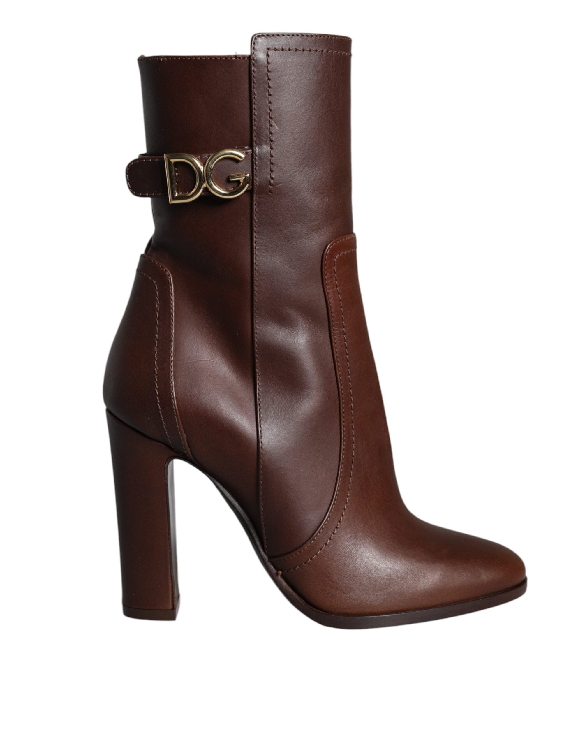Brown Leather Heels Mid Calf Boots Shoes - ventzia