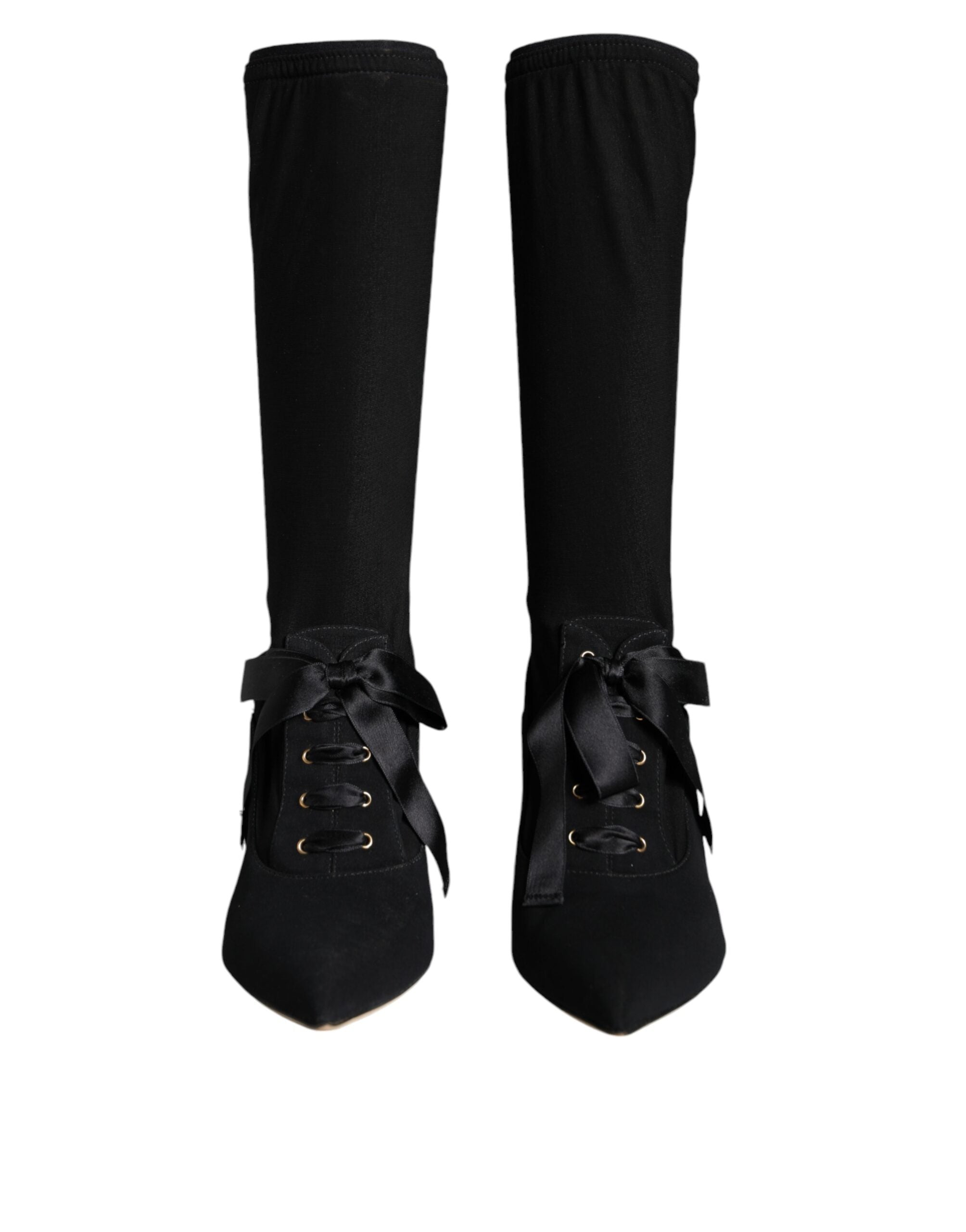 Black Stiletto Heels Mid Calf Boots Shoes - ventzia